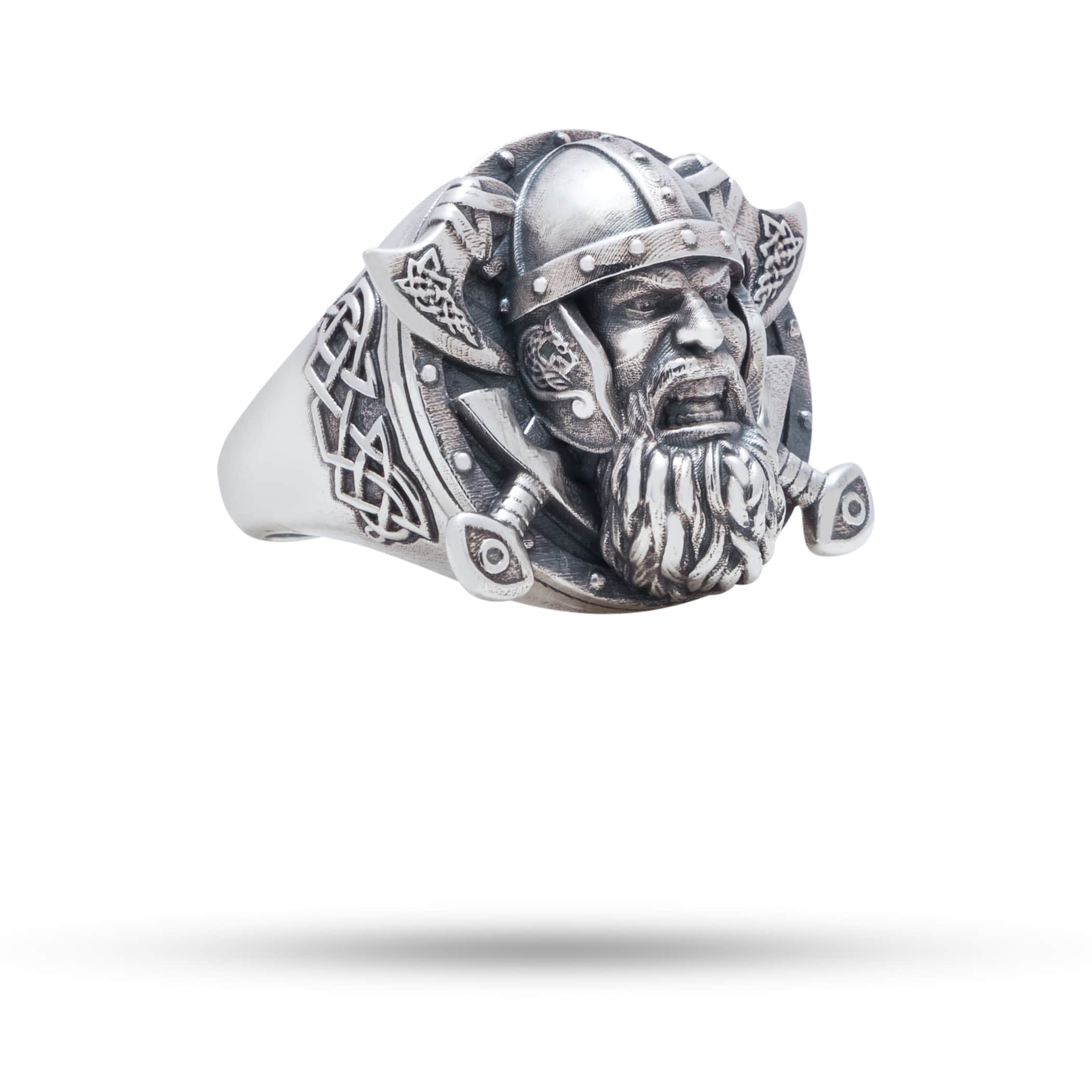 Front view of Vikings 925 Sterling Silver Ring with artisan design in oxidized silver