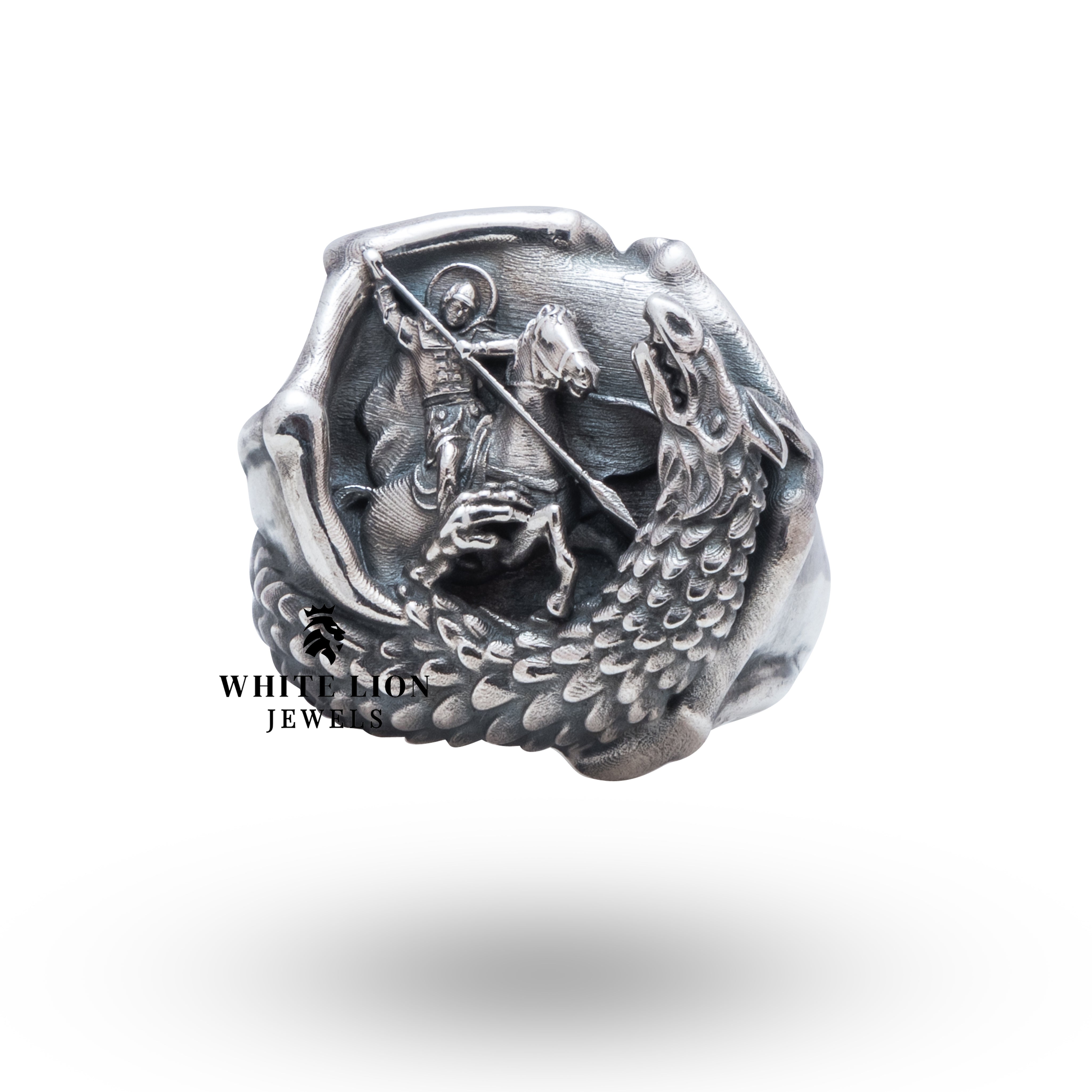 Intricate Design of Saint George Slaying Dragon Silver Ring