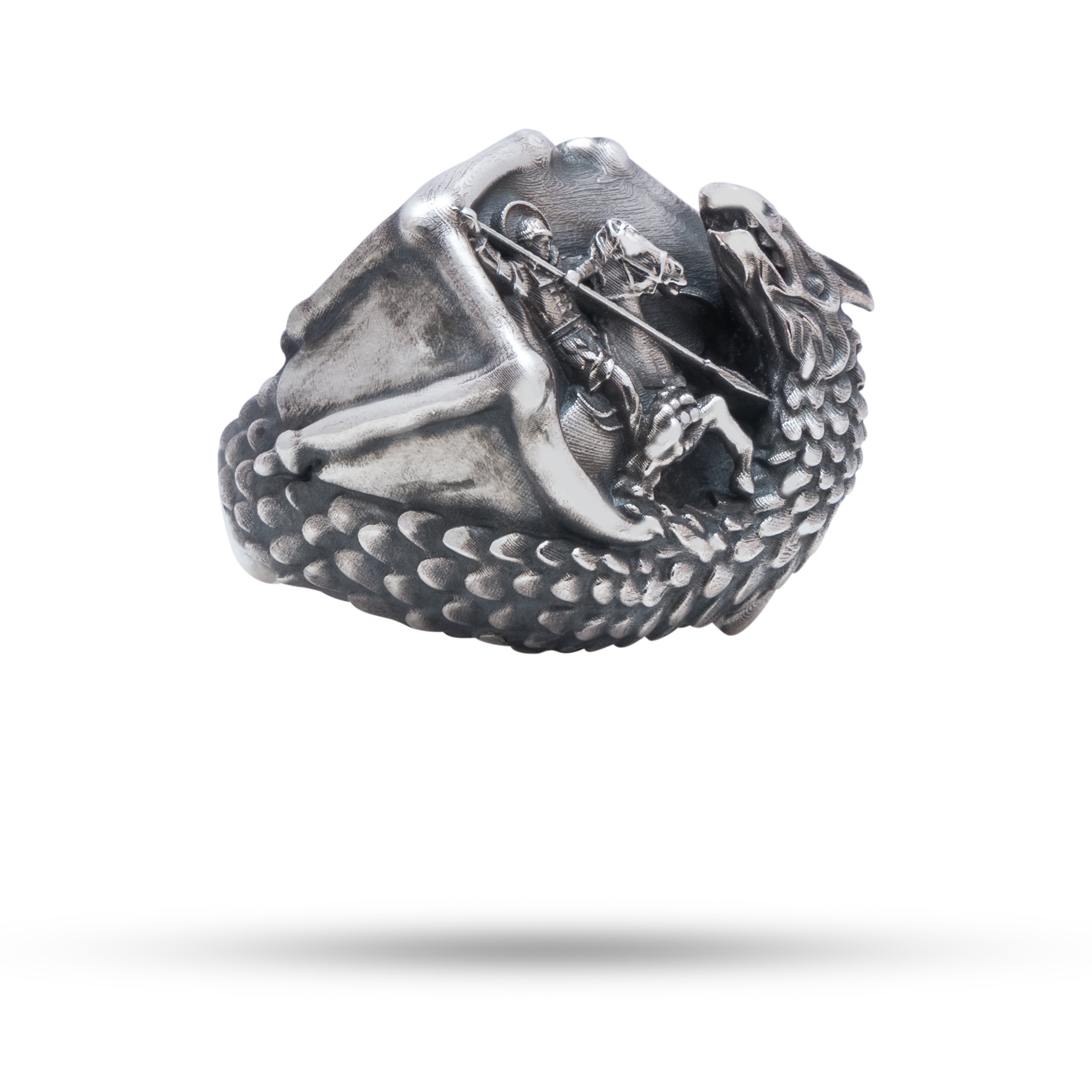 Saint George Slaying Dragon 925 Sterling Silver Ring with Oxidized Silver Finish
