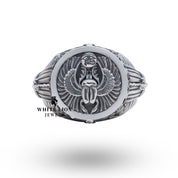 Top view of Scarab Pharaoh Egyptian 925 Sterling Silver Ring highlighting circular design.