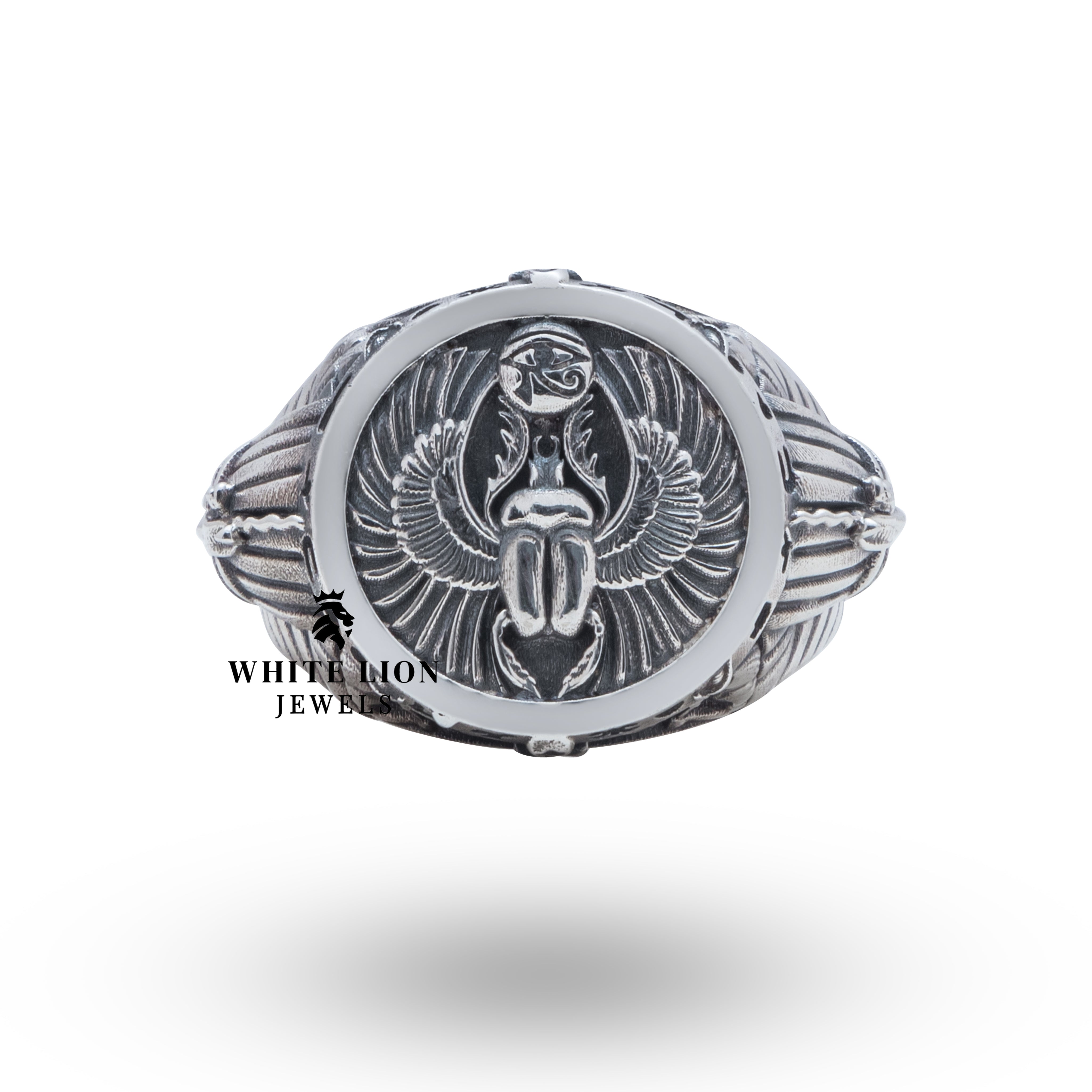 Top view of Scarab Pharaoh Egyptian 925 Sterling Silver Ring highlighting circular design.