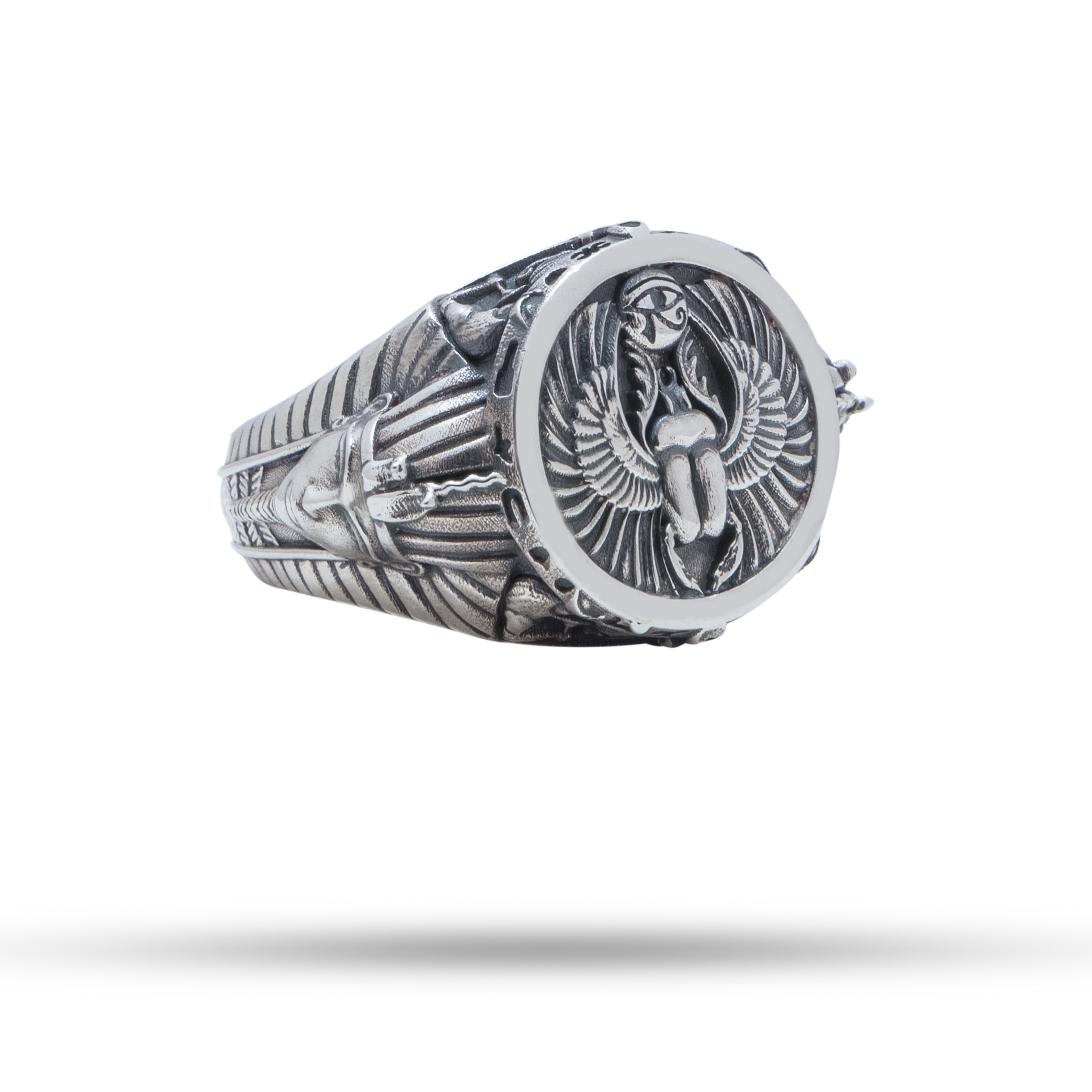 Angle view of Scarab Pharaoh Egyptian 925 Sterling Silver Ring showing detailed scarab motif.