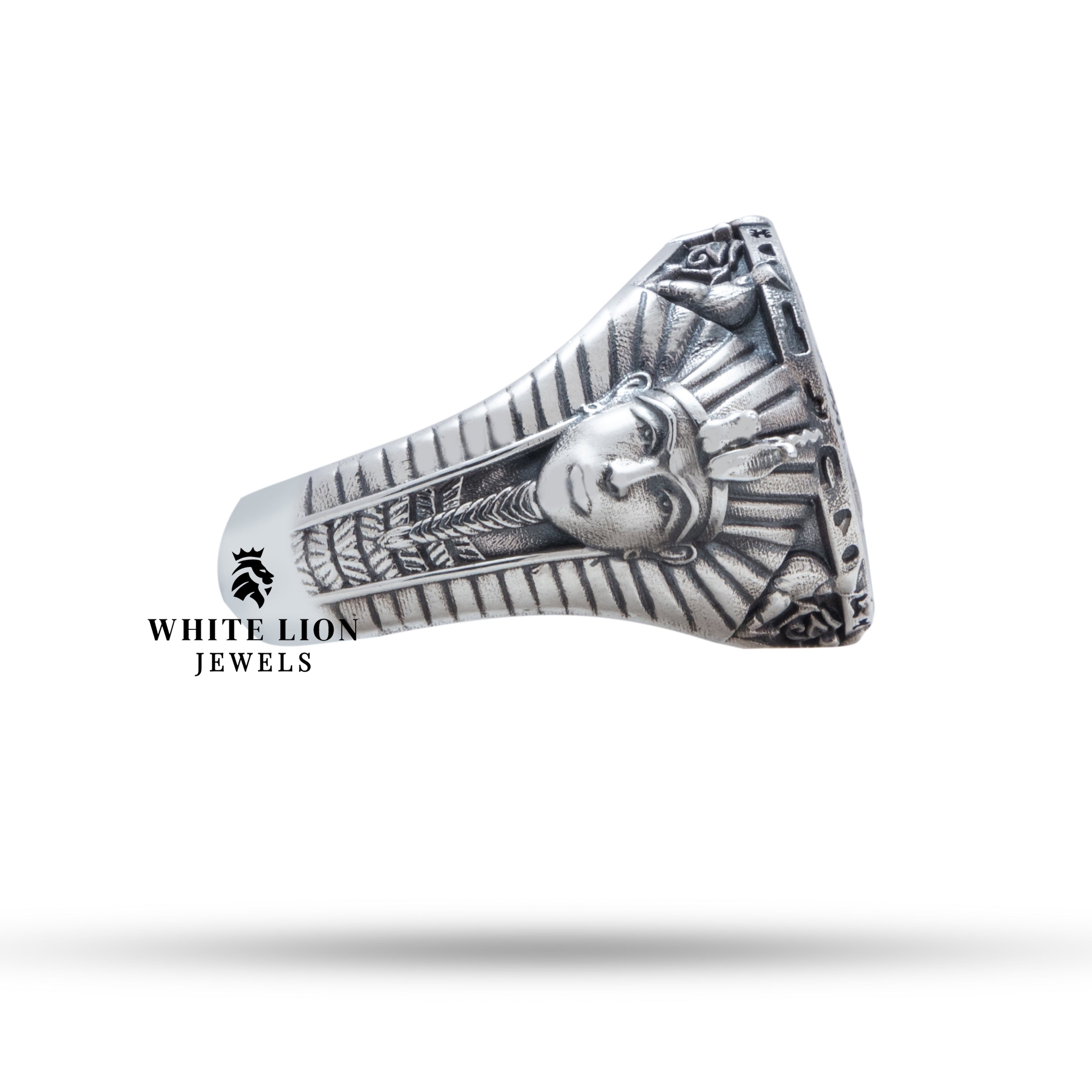 Side perspective of Scarab Pharaoh Egyptian 925 Sterling Silver Ring with oxidized finish.