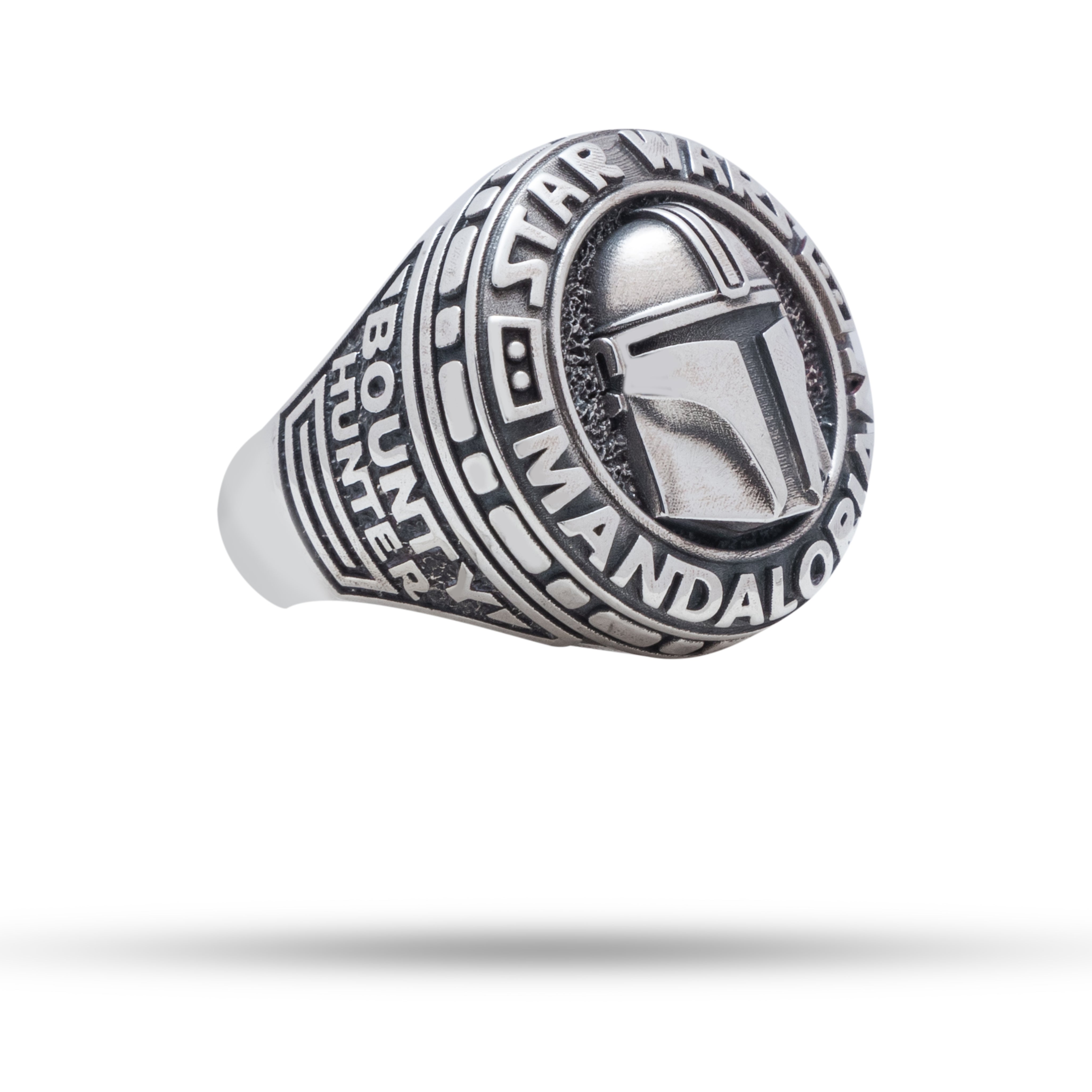 Front view of Star Wars Mandalorian 925 Sterling Silver Ring, oxidized silver finish