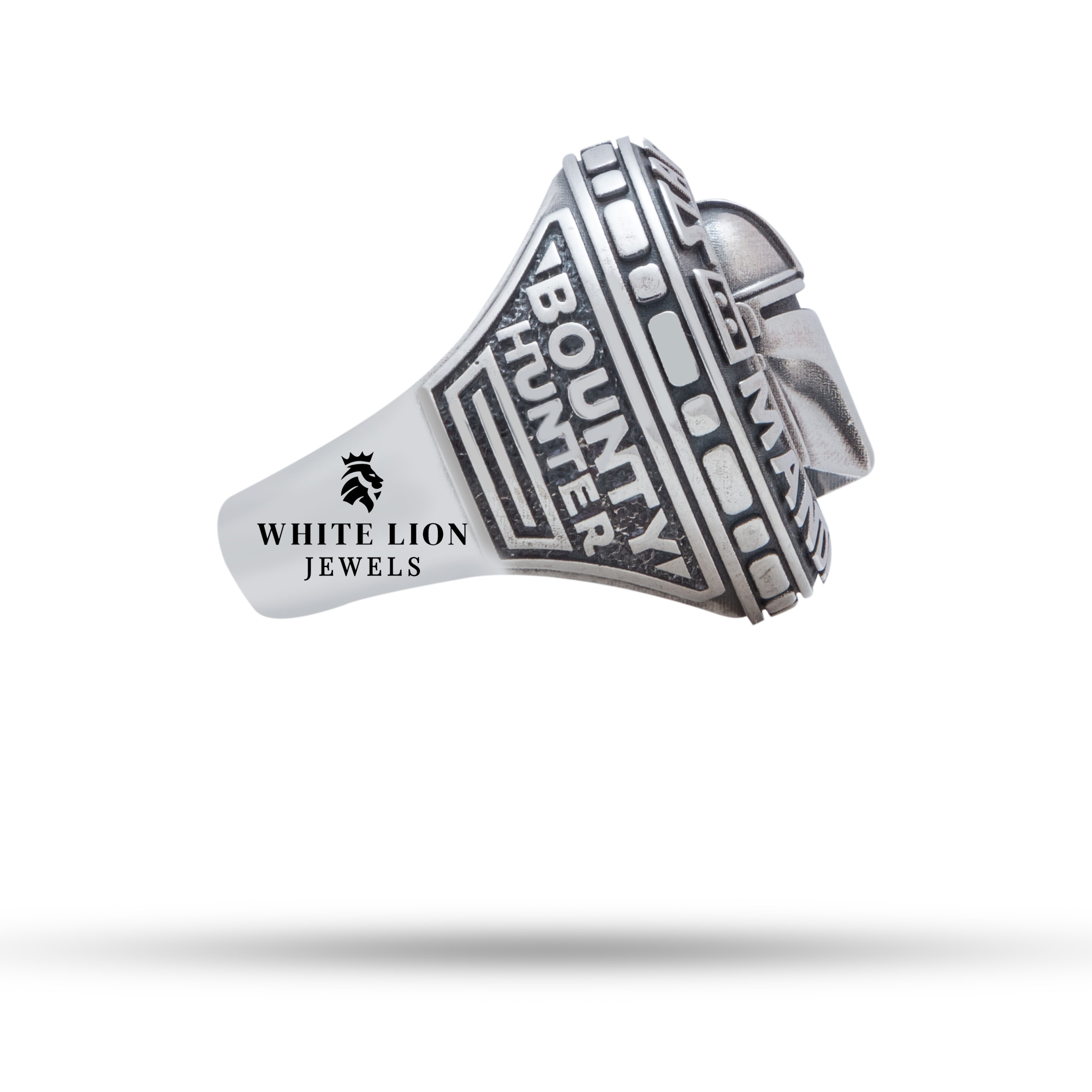 Side perspective of Star Wars Mandalorian 925 Sterling Silver Ring with unique design