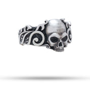 Front view of Pattern Skull 925 Sterling Silver Ring featuring oxidized silver and intricate skull design.