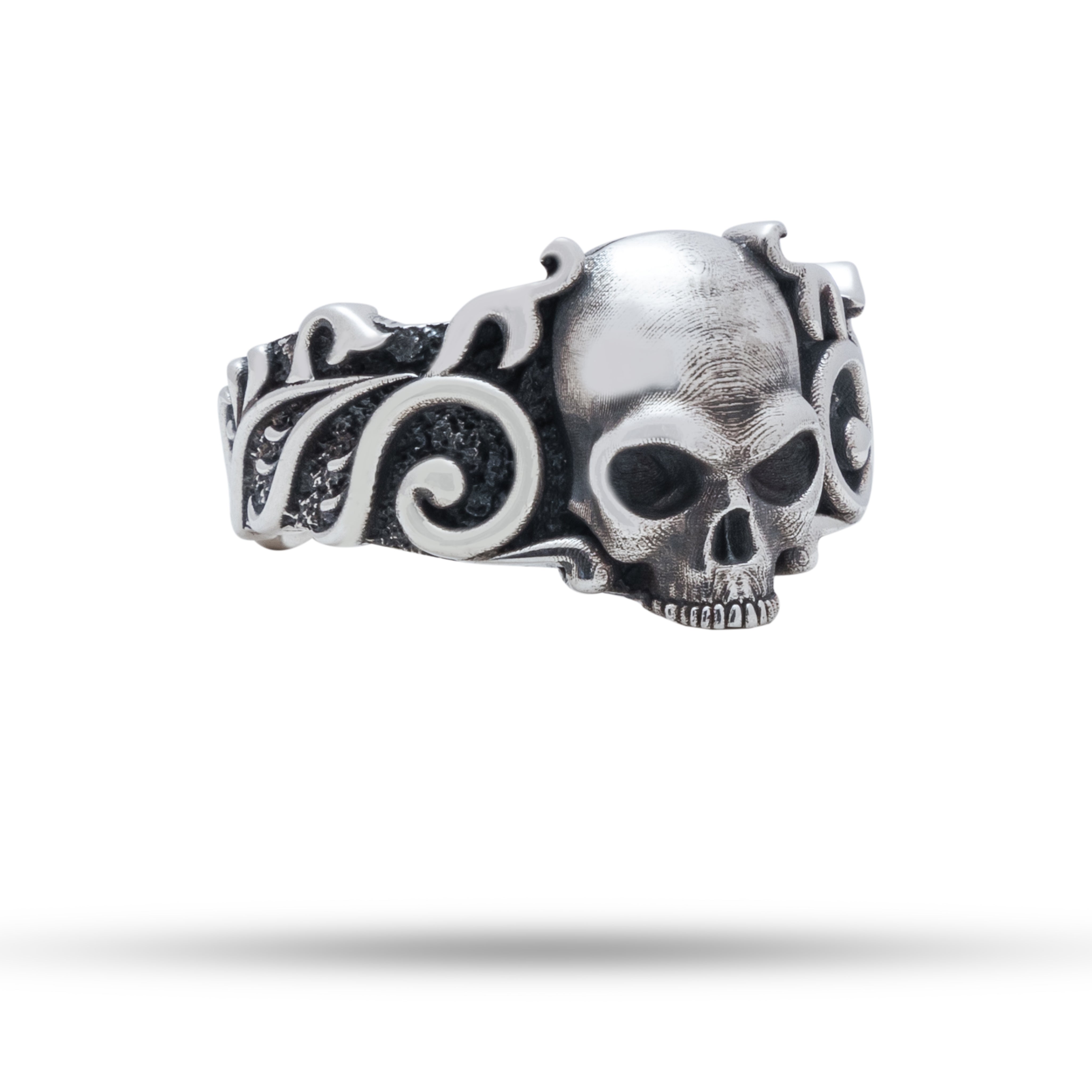 Front view of Pattern Skull 925 Sterling Silver Ring featuring oxidized silver and intricate skull design.