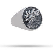 Close-up of a Rooster Cock 925 Sterling Silver Ring, handcrafted with oxidized finish and a protective coating.