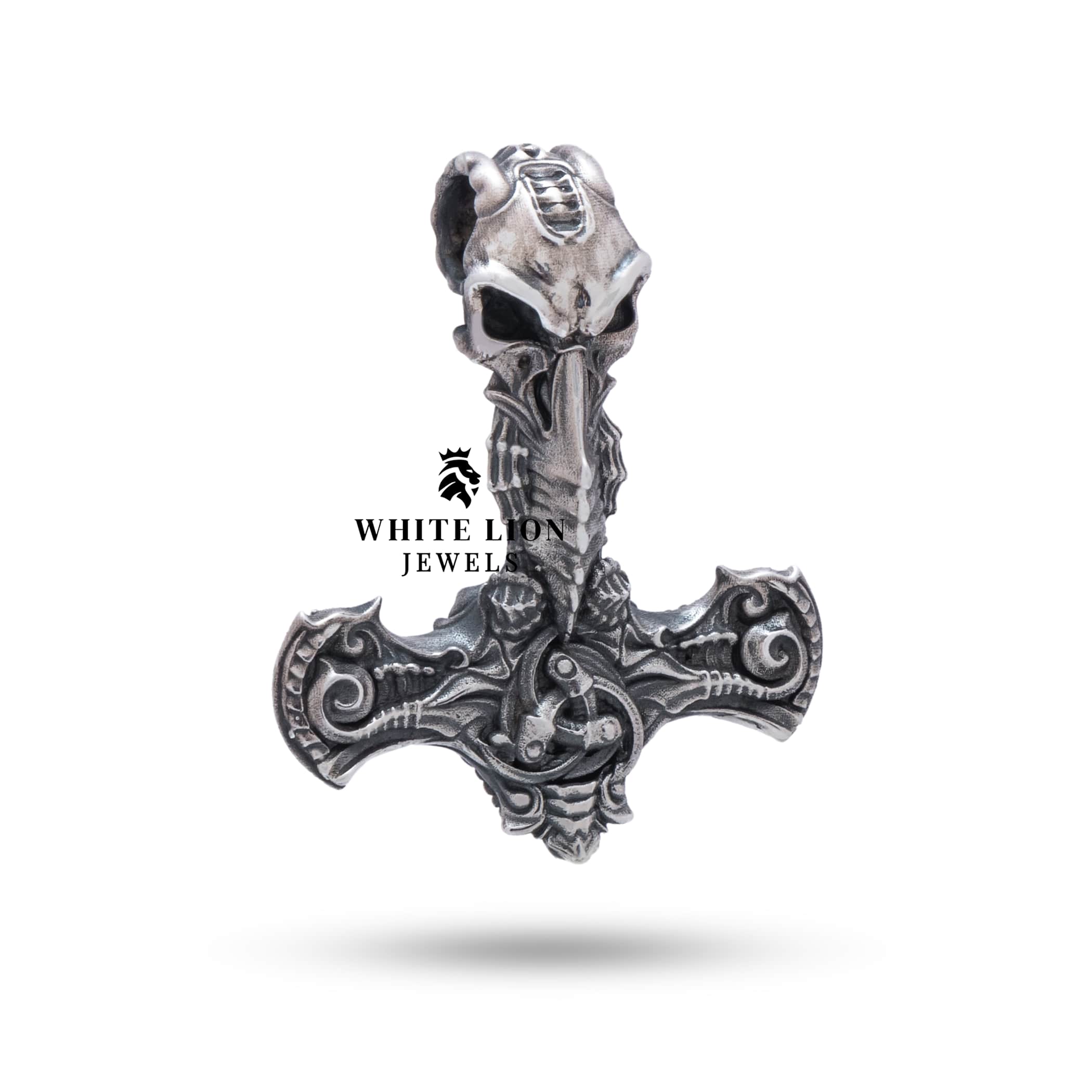 Detailed view of Odin Hammer 925 Sterling Silver Pendant showing intricate design and craftsmanship from White Lion Jewels.