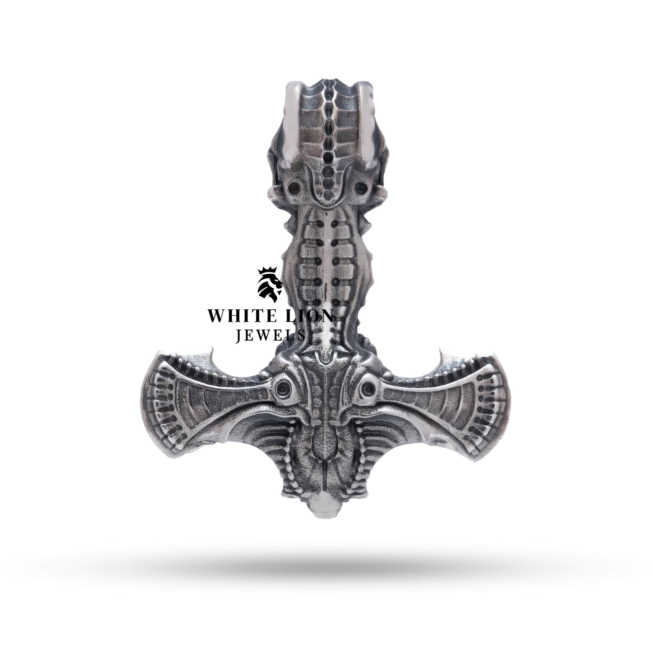 Front perspective of Odin Hammer 925 Sterling Silver Pendant highlighting the charm's mythical beauty and quality.