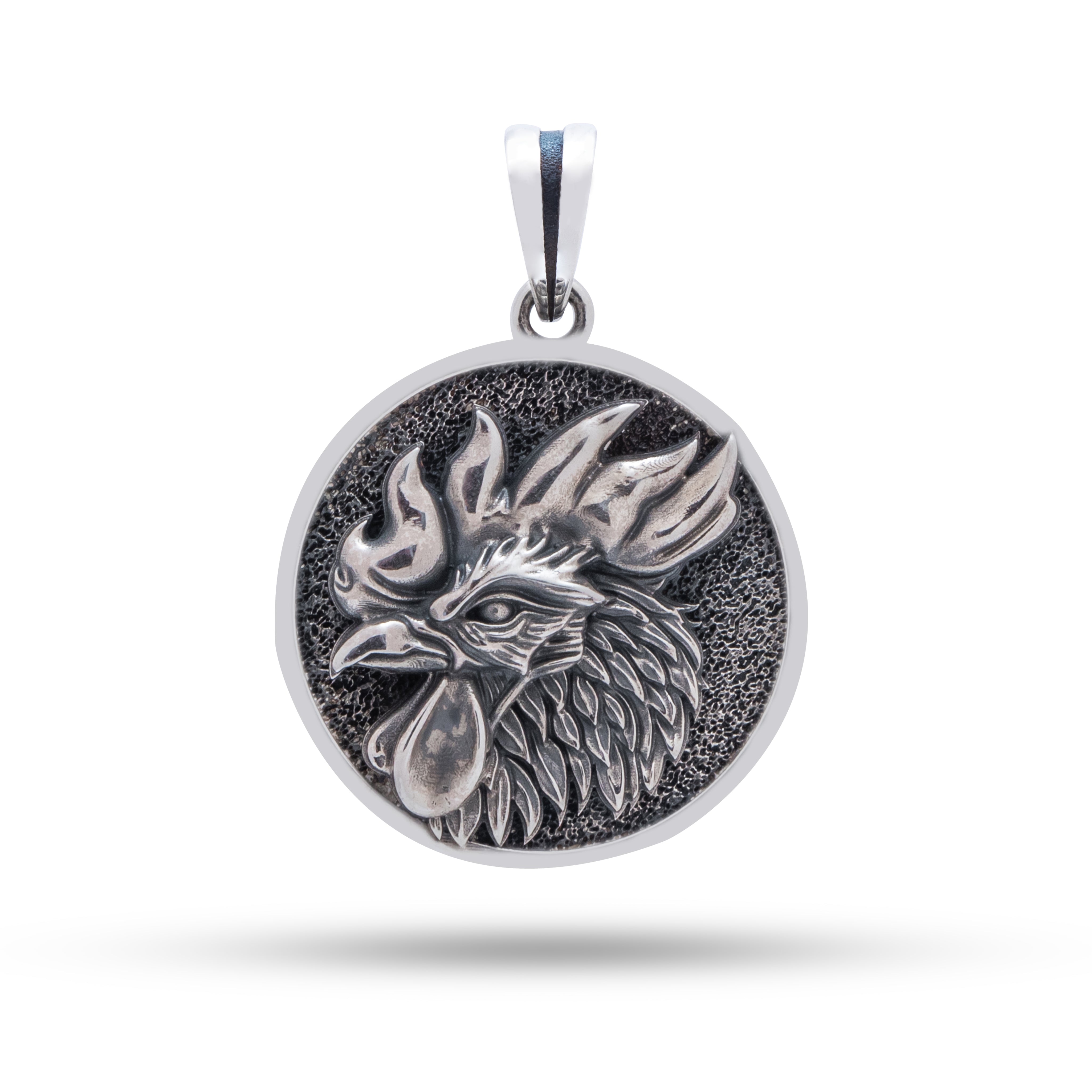 Front view of Rooster 925 Sterling Silver Pendant, Oxidized Finish with Circle Shape
