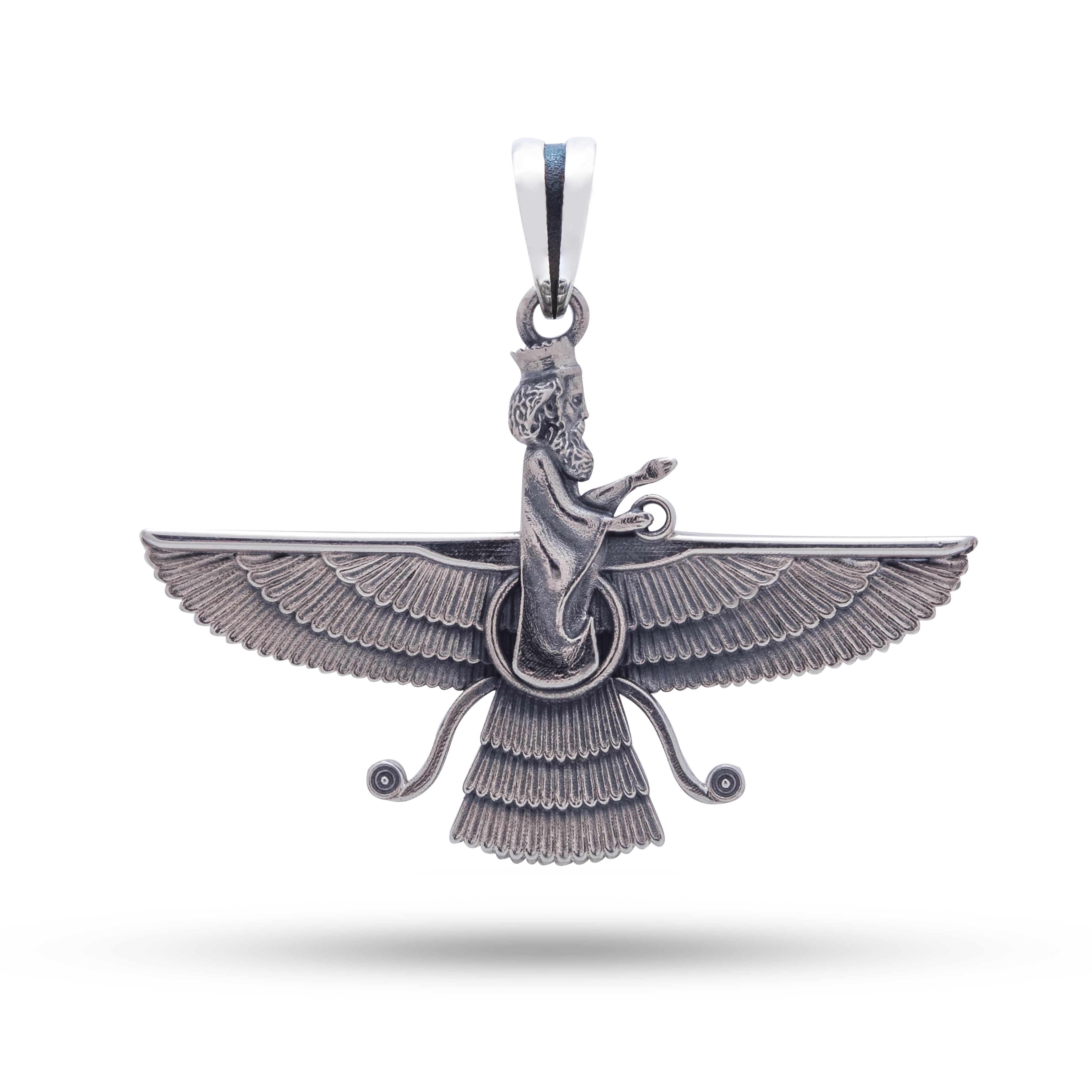 Side view of Faravahar Farvahar 3D Parsi Zoroastrian pendant, sterling silver, artistic detailing with oxidized finish.