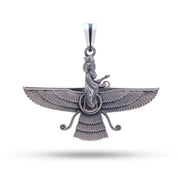 Front view of Faravahar Zoroastrian 925 Sterling Silver Pendant, handcrafted with an oxidized silver finish