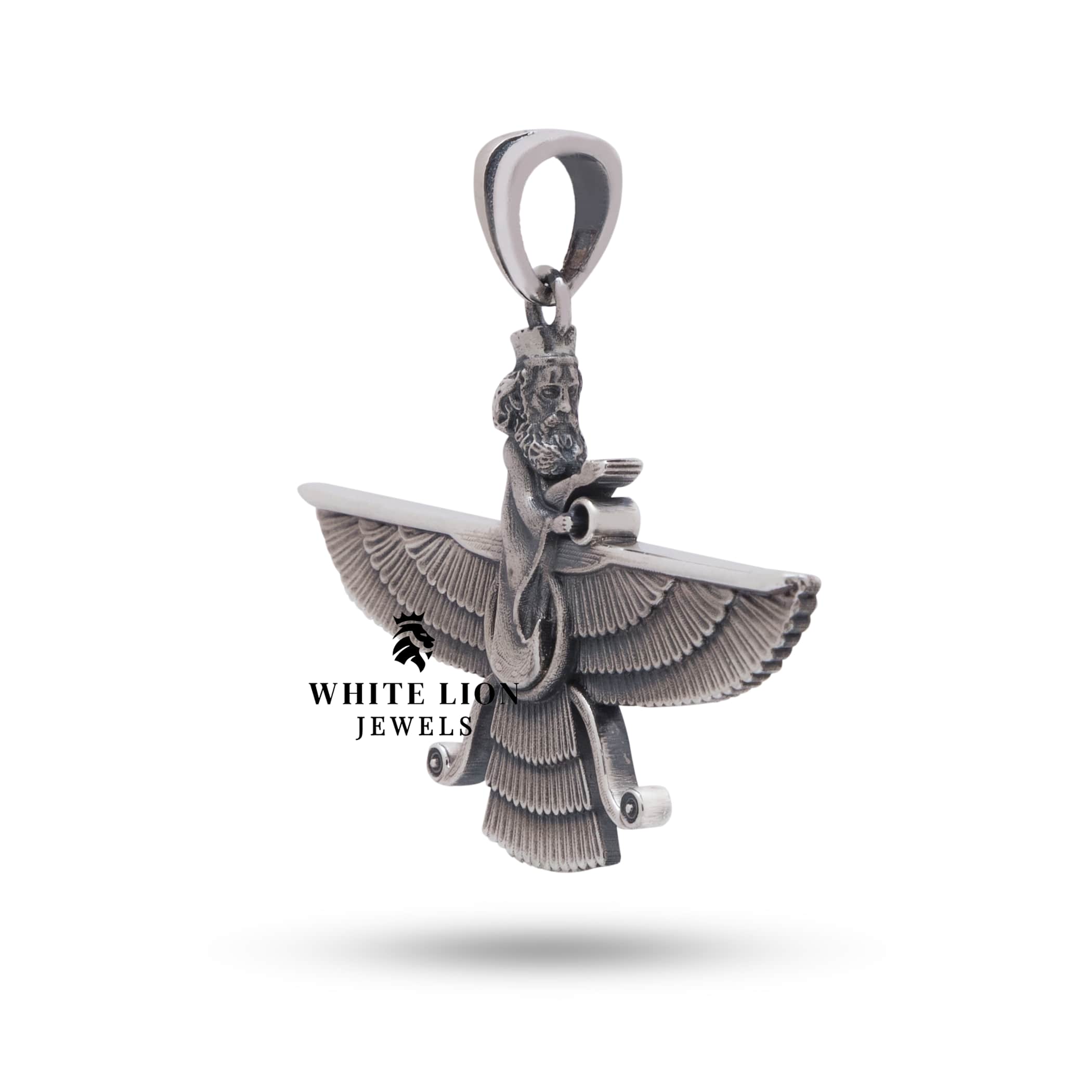 Front view of Faravahar Farvahar 3D Parsi Zoroastrian pendant, stunning 925 sterling silver, unique cultural design.