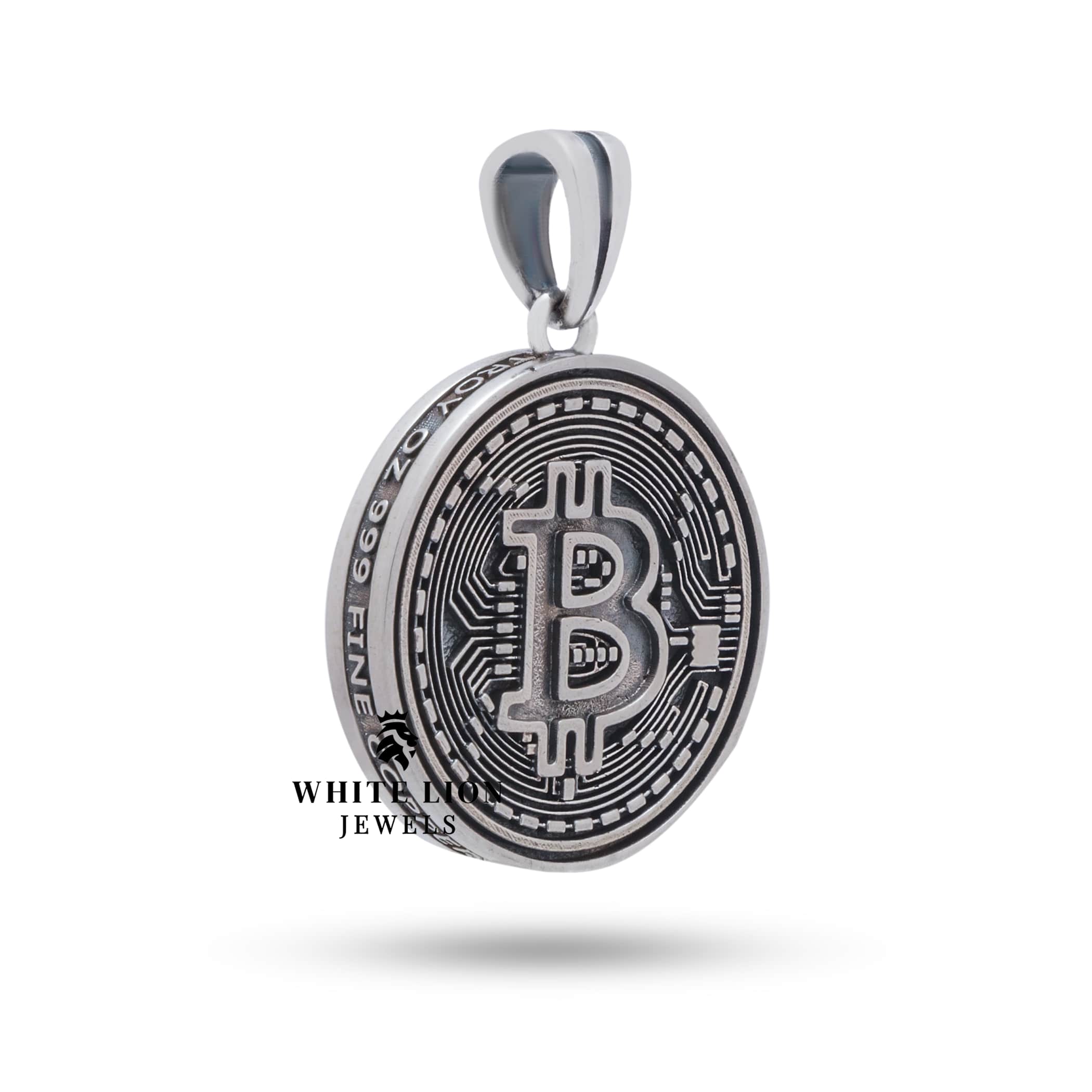 Unique 925 silver pendant inspired by Bitcoin, features a detailed oxidized design suitable for cryptocurrency enthusiasts.