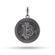 An intricately designed Bitcoin 925 sterling silver pendant, showcasing elegance with an oxidized finish, perfect for modern wear.