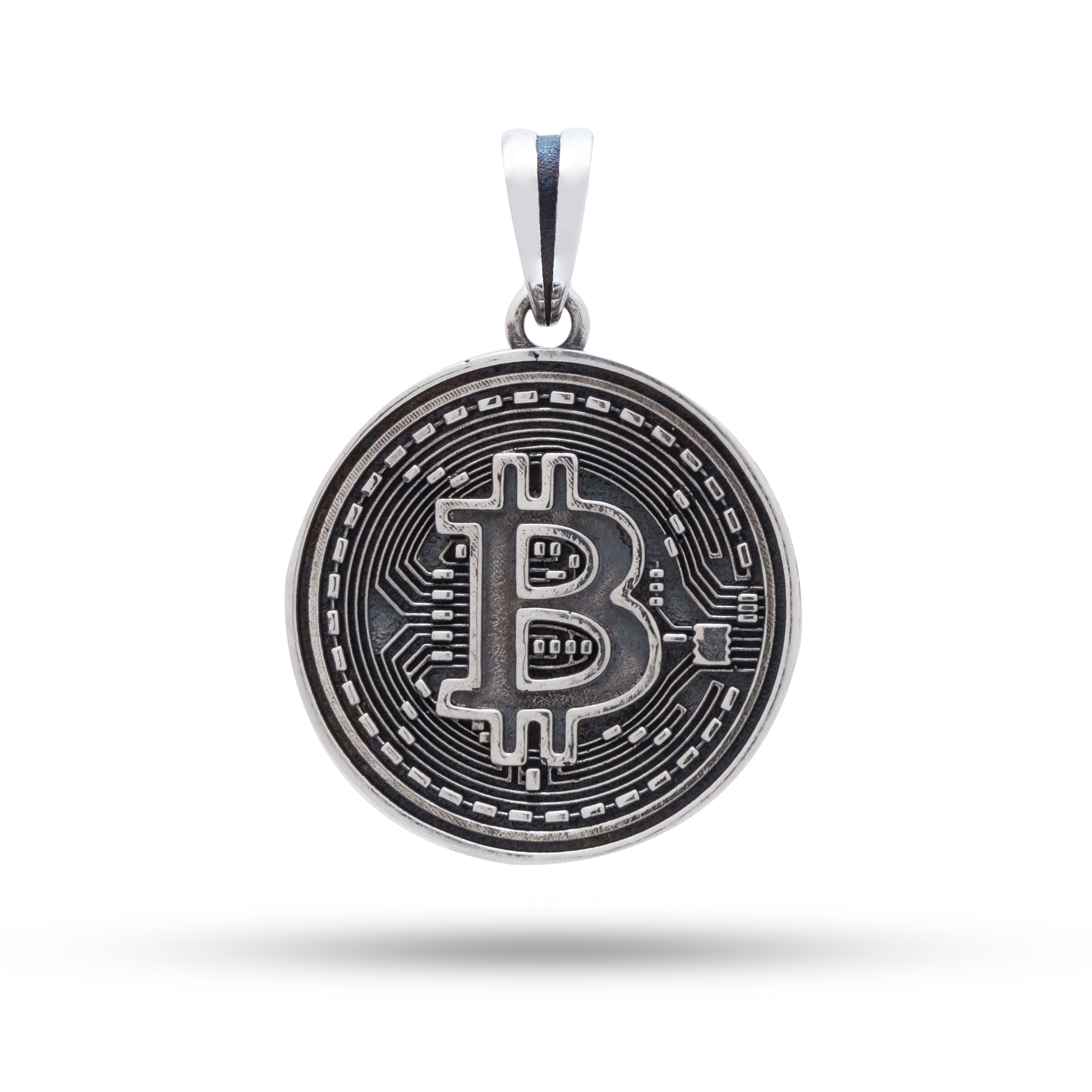 An intricately designed Bitcoin 925 sterling silver pendant, showcasing elegance with an oxidized finish, perfect for modern wear.