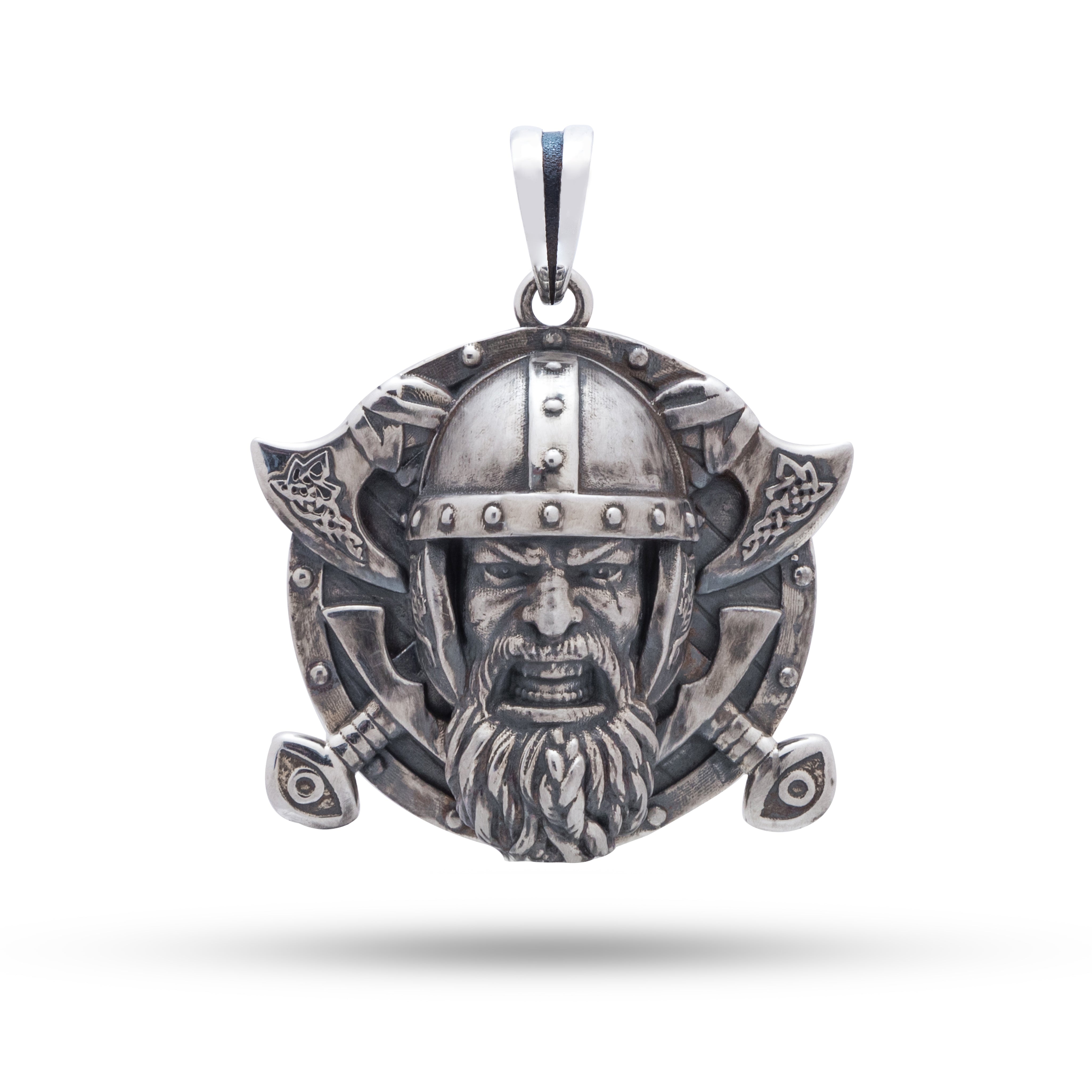Angled view of the Viking Seafaring Scandinavian 925 Sterling Silver Pendant showcasing its intricate design and oxidized finish