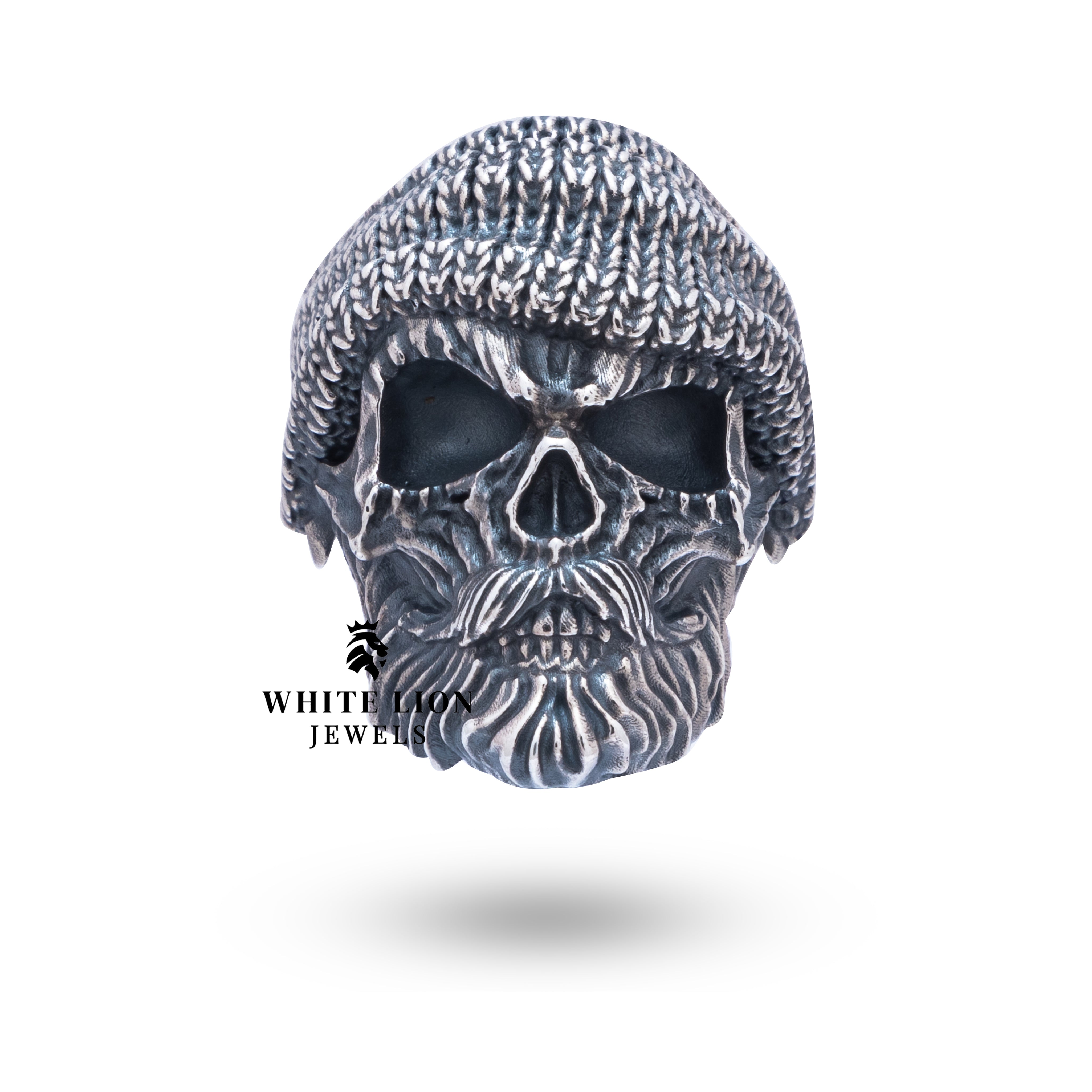 Detailed side view of Beard Skull 925 Sterling Silver Ring showcasing artisan quality in silver