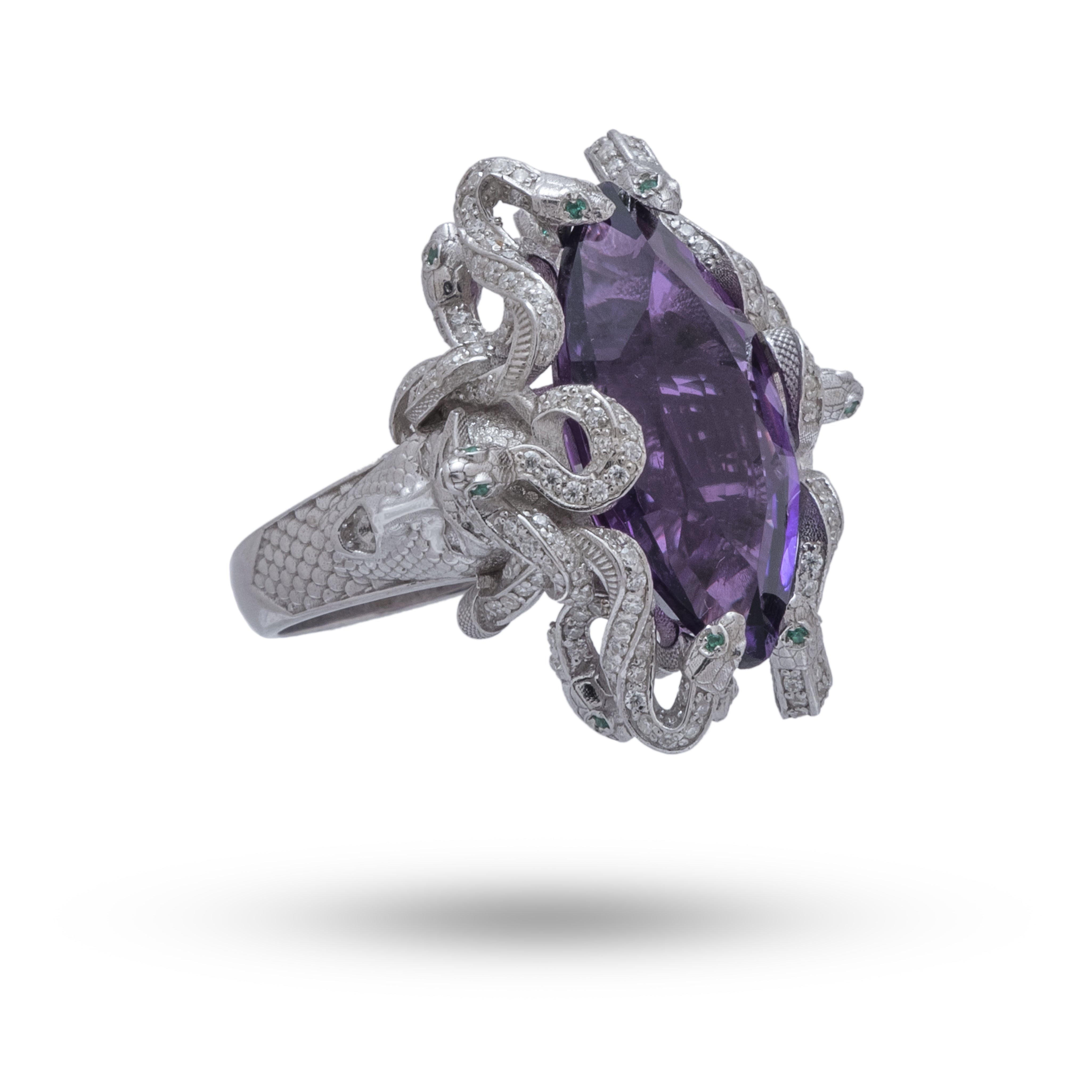 Front view of Medusa Amethyst 925 Sterling Silver Ring, luxury design with sterling silver finish