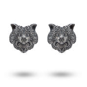 Detailed view of Cat 925 Sterling Silver Cufflinks with oxidized finish and intricate design.
