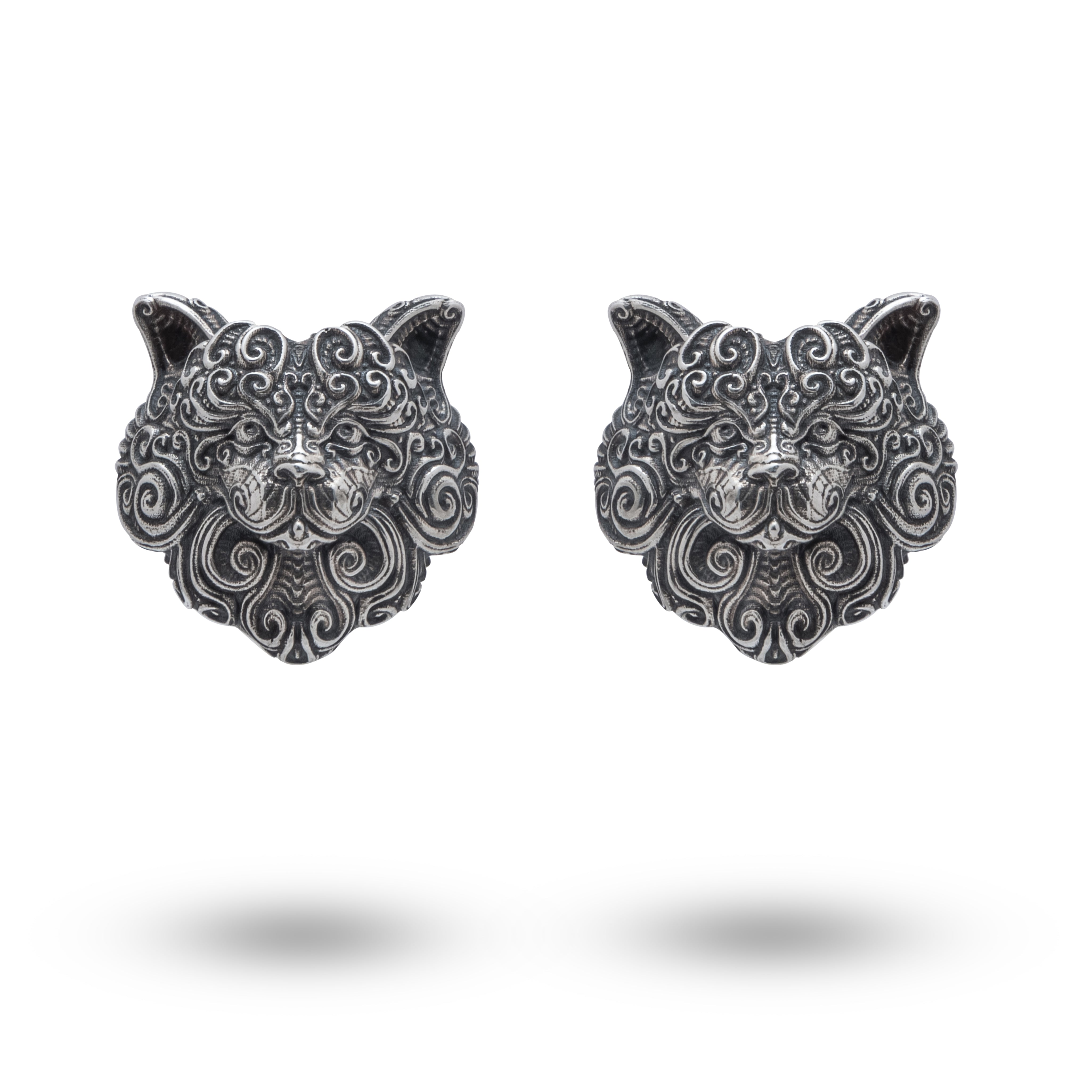 Detailed view of Cat 925 Sterling Silver Cufflinks with oxidized finish and intricate design.