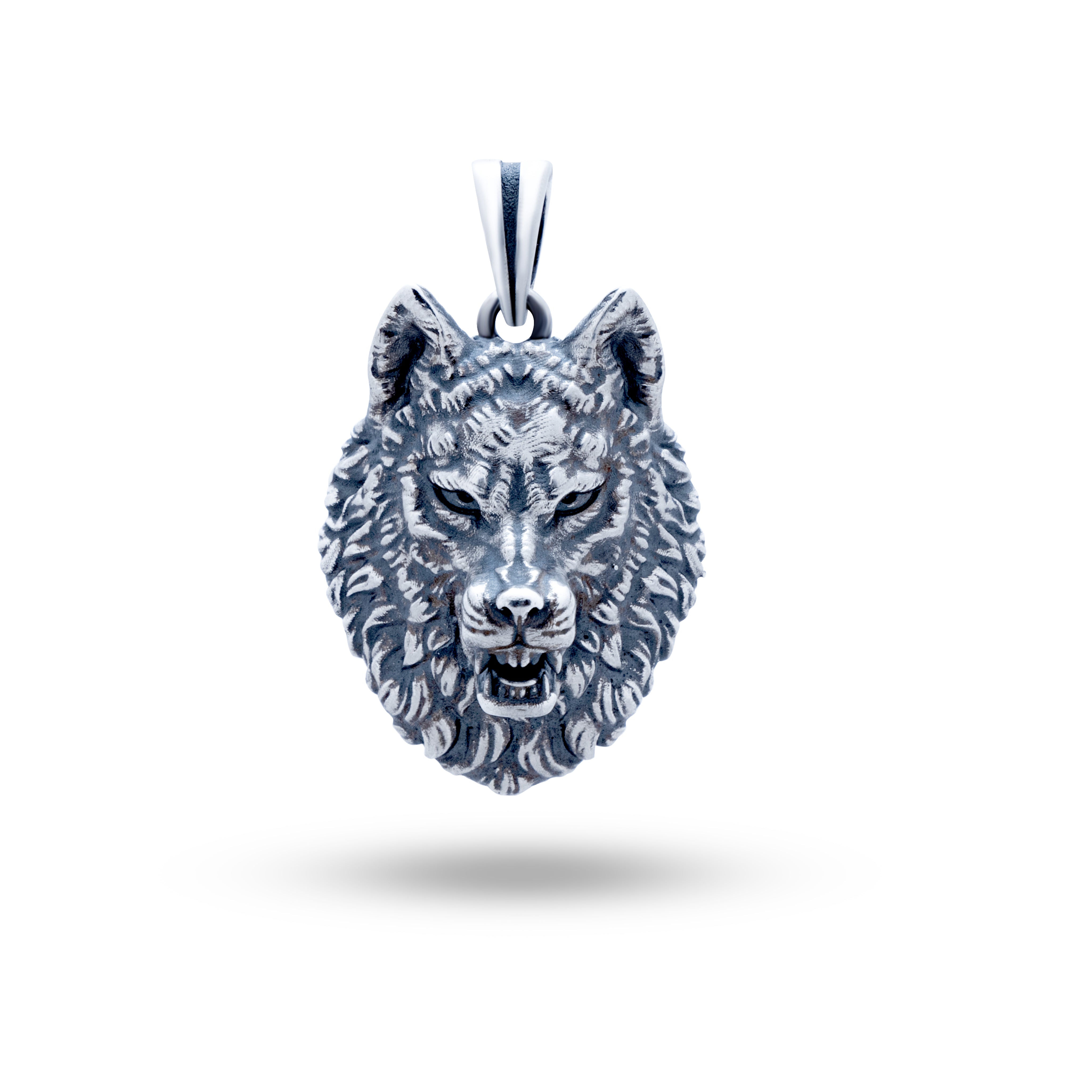 Front view of Angry Wolf Head 925 Sterling Silver Pendant, showcasing intricate design and oxidized finish.