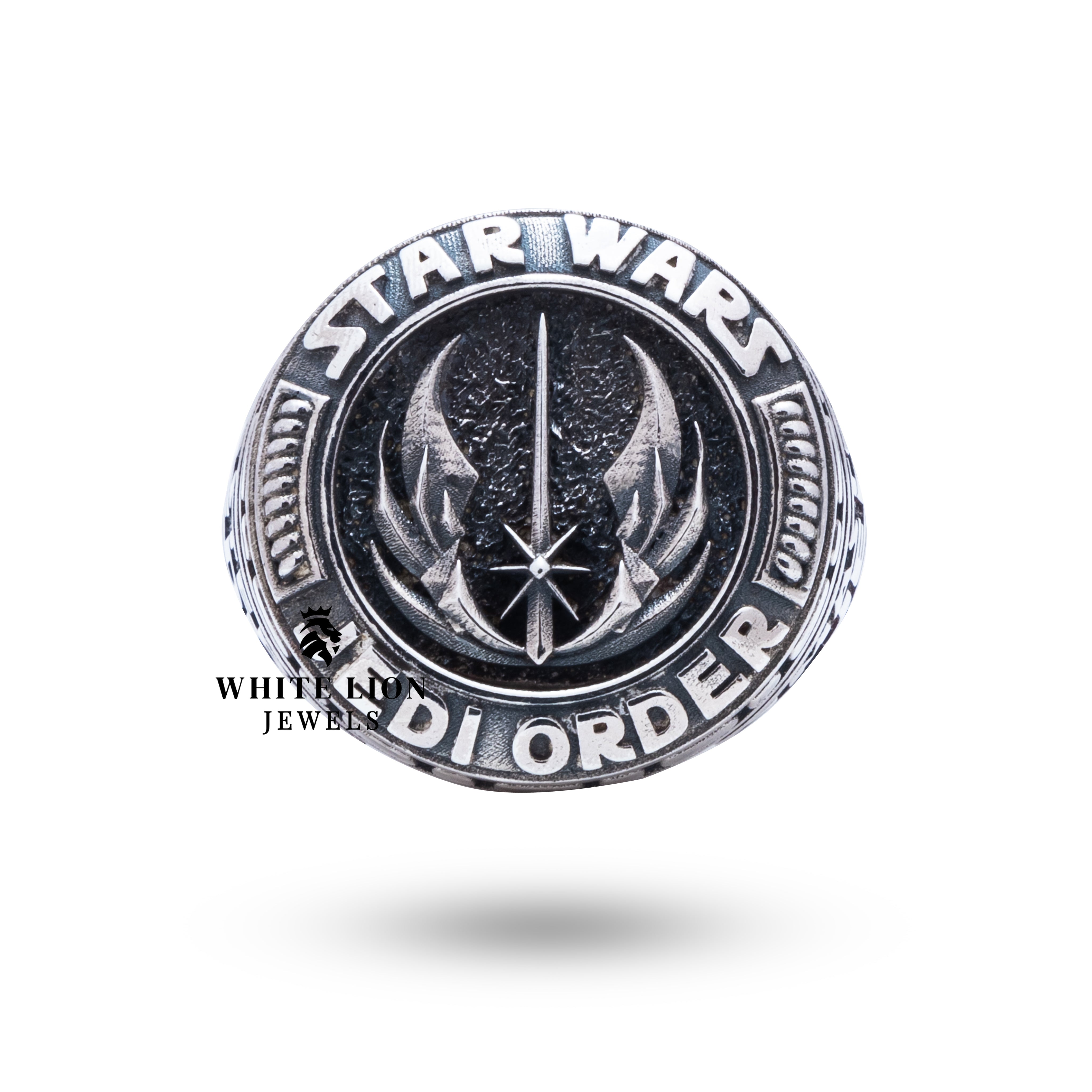 Close-up of the Master Jedi Sterling Silver Ring showcasing handcrafted details
