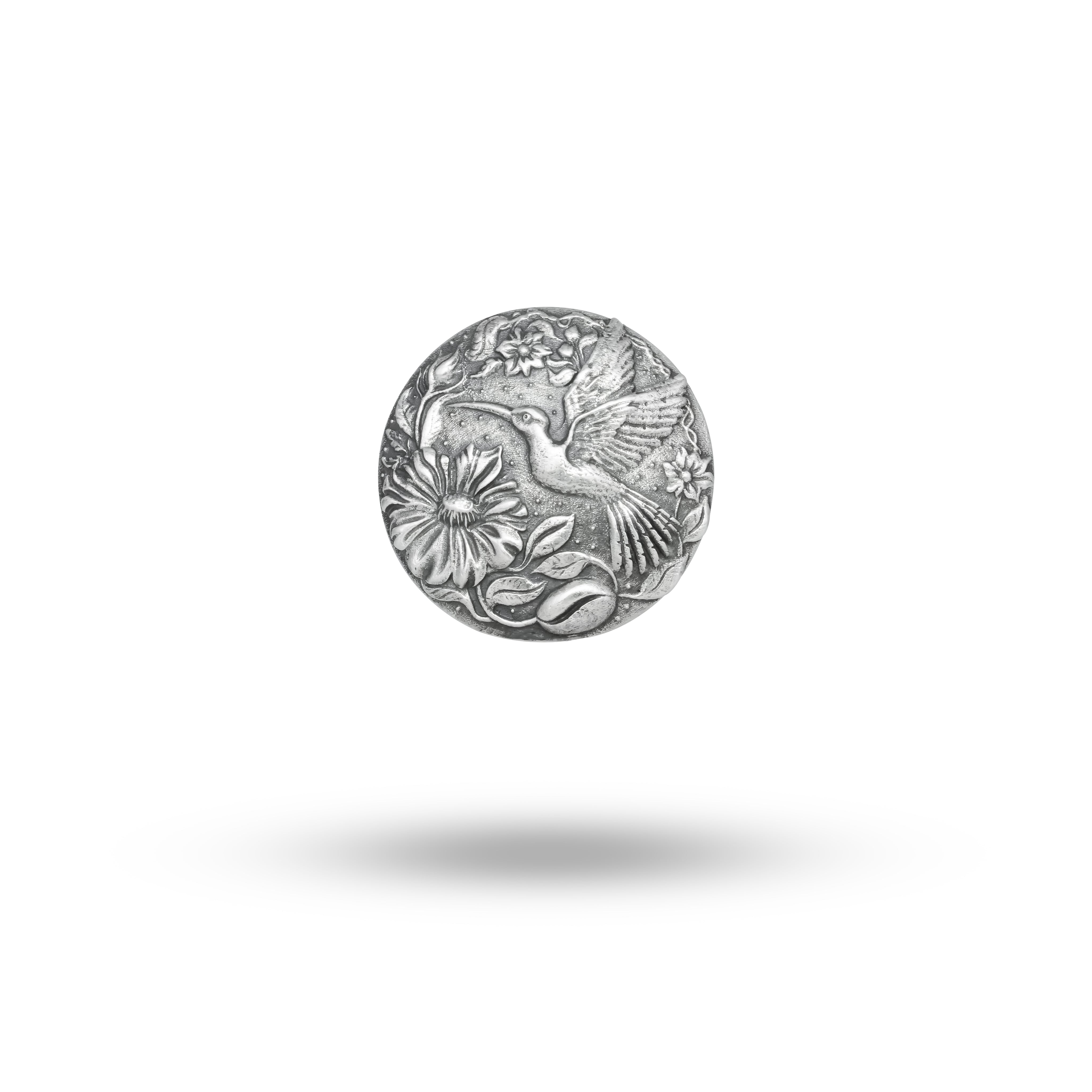 Front view of the Humming Bird Button Set in oxidized sterling silver, showcasing elegant design.
