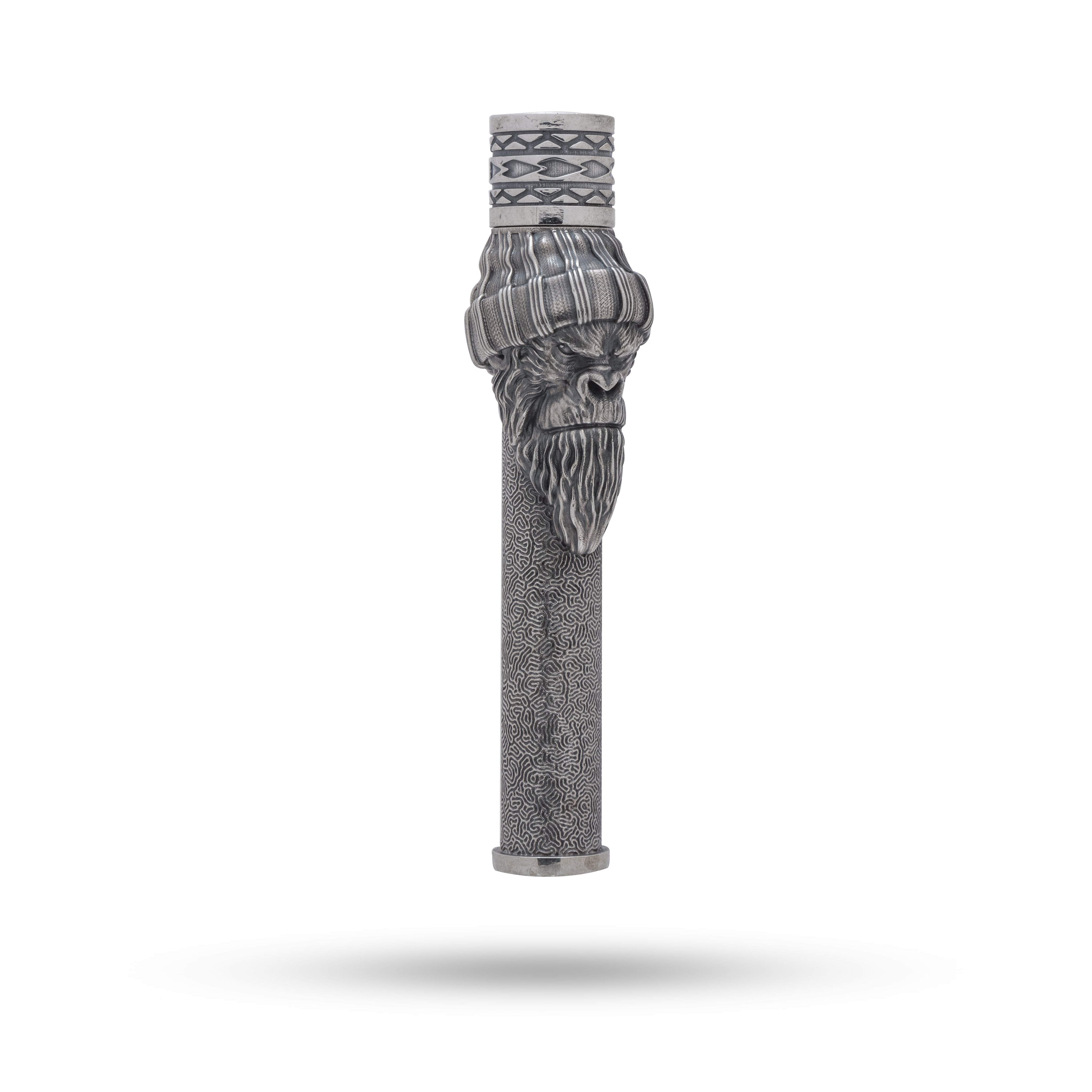 Front view of Gangster Monkey 925 Sterling Silver Lighter in oxidized finish showcasing intricate design.