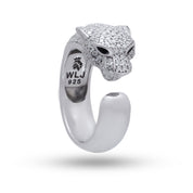 Front view of Panther 925 Sterling Silver Ring with CZ stones, rhodium finish.