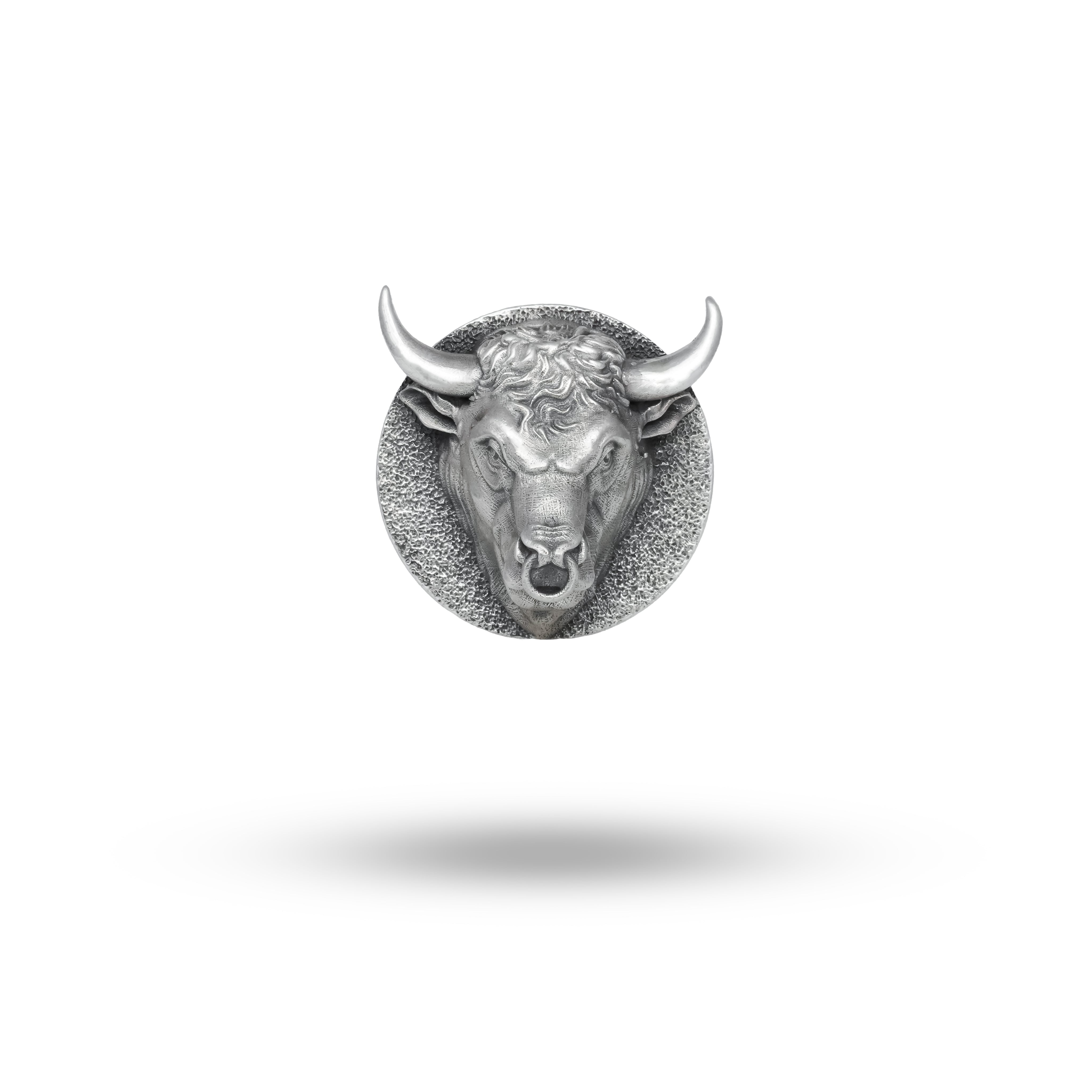 Front view of 3D Bull Head Button Set in oxidized 925 sterling silver.