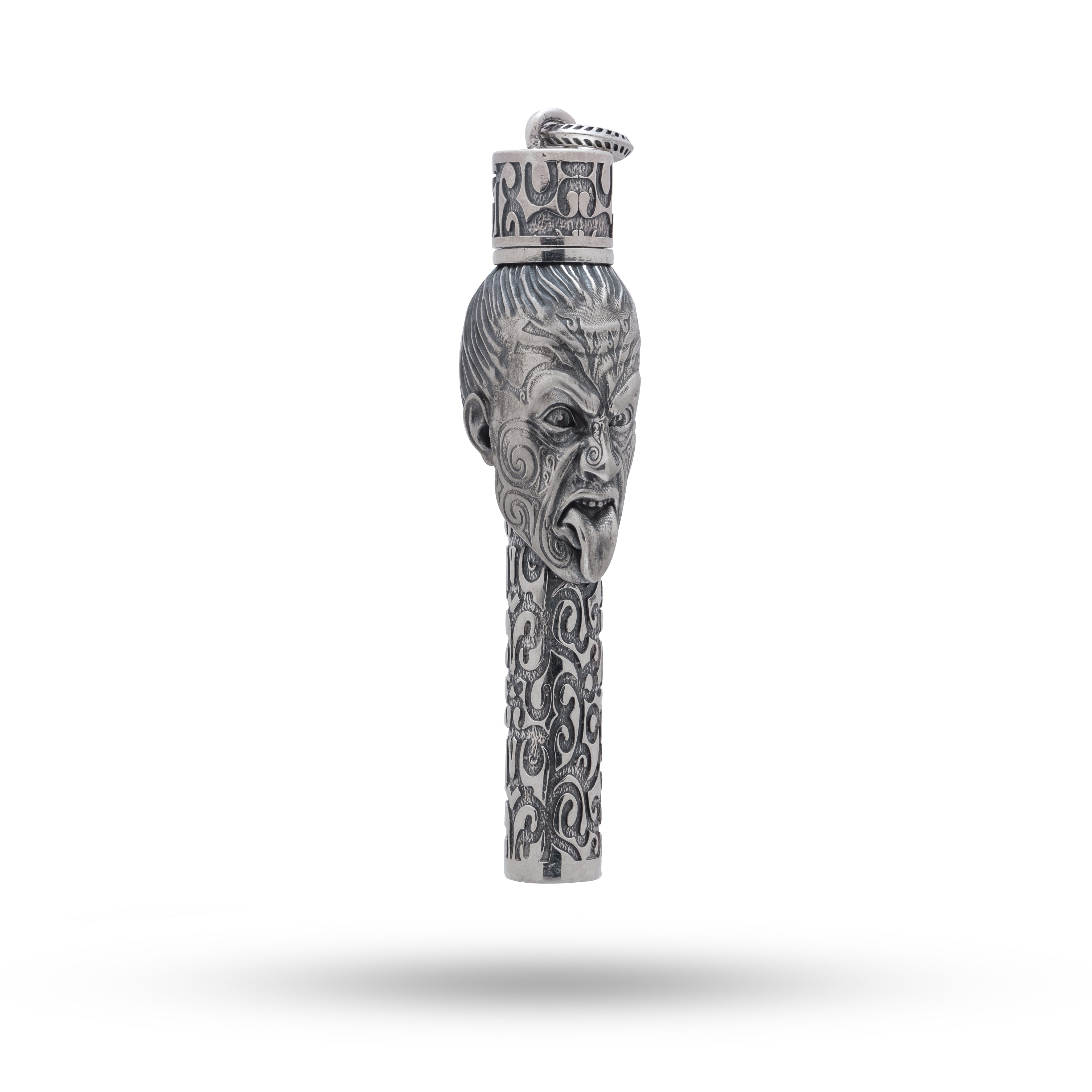 Front view of Maori 925 Sterling Silver Lighter showing intricate Maori design and oxidized finish