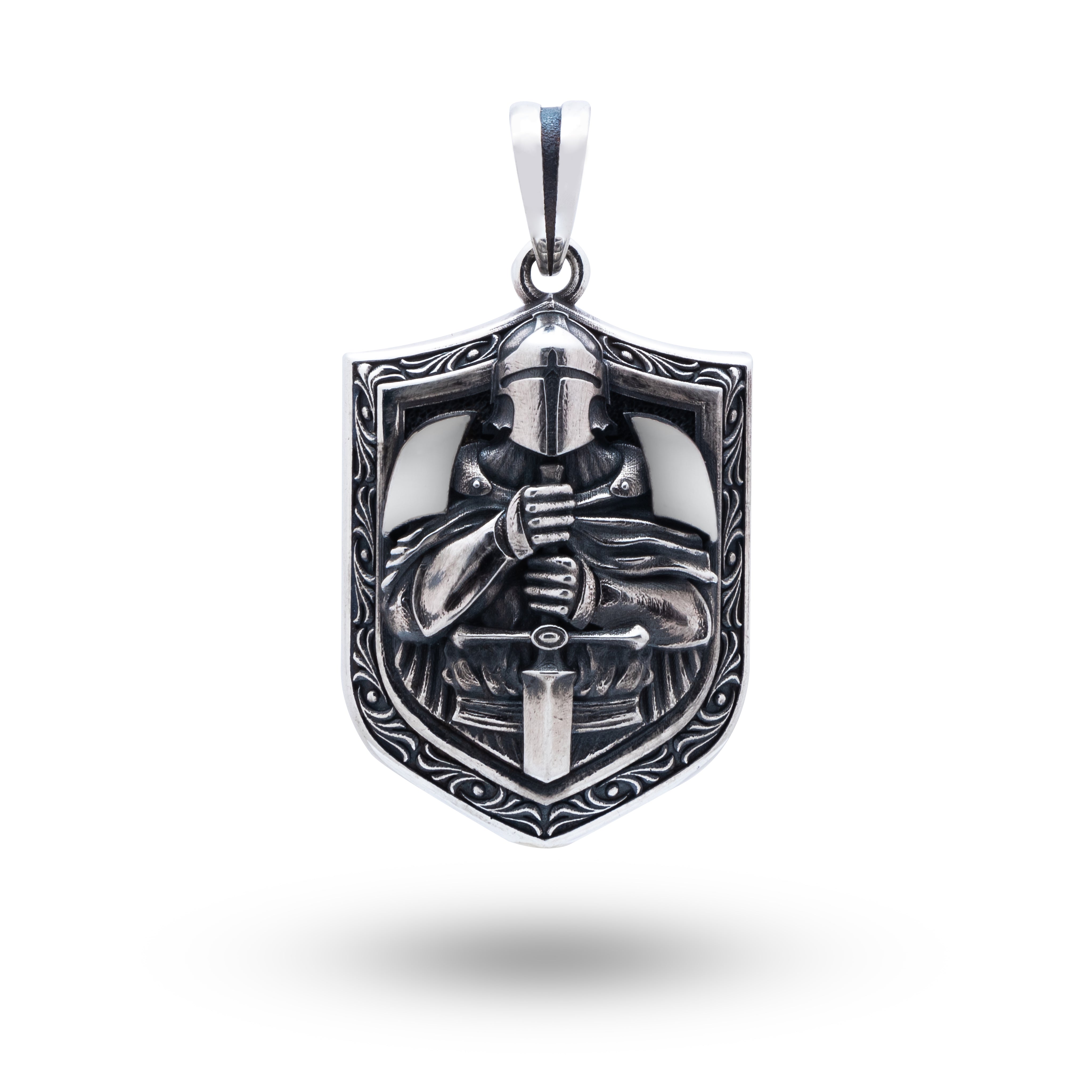Knight 925 Sterling Silver Pendant with oxidized finish, showcasing intricate medieval design, by White Lion Jewels.