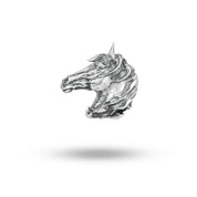 Front view of the Exquisite Horse Head Magnet Brooch in 925 sterling silver, showcasing intricate details and oxidized finish.