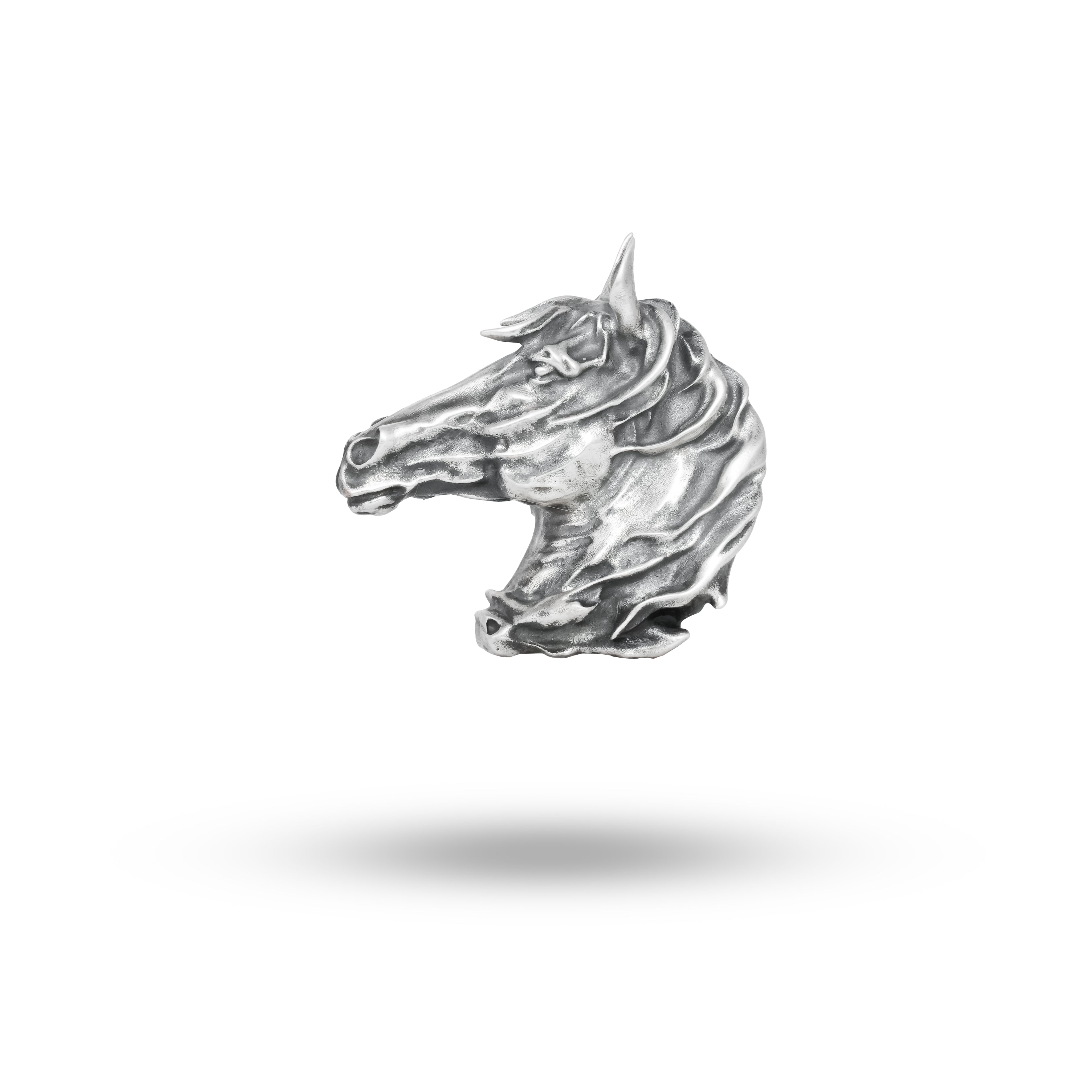Front view of the Exquisite Horse Head Magnet Brooch in 925 sterling silver, showcasing intricate details and oxidized finish.