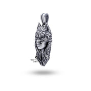 Woman wearing Wolf Women Mask Sterling Silver Pendant for a bold fashion statement