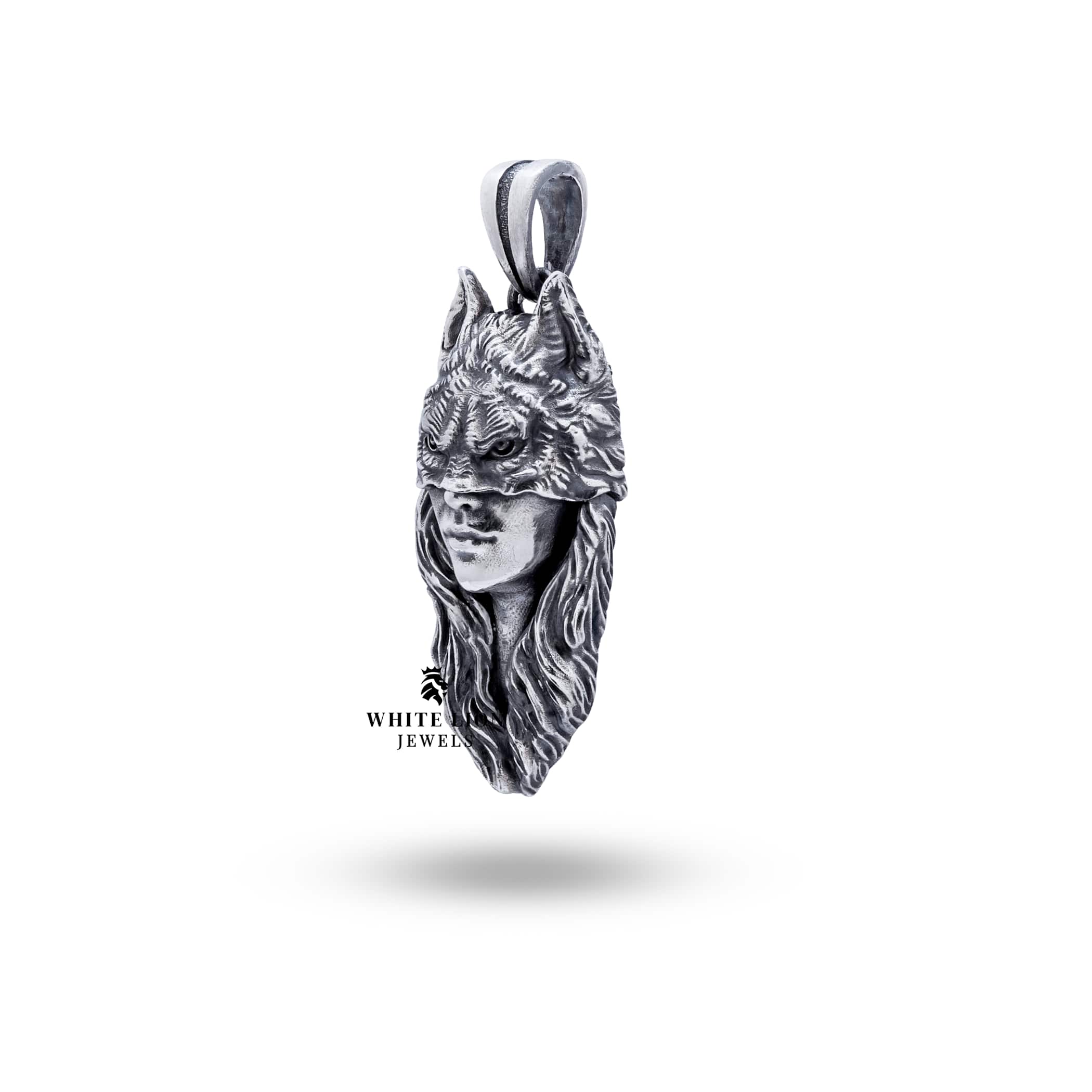 Woman wearing Wolf Women Mask Sterling Silver Pendant for a bold fashion statement