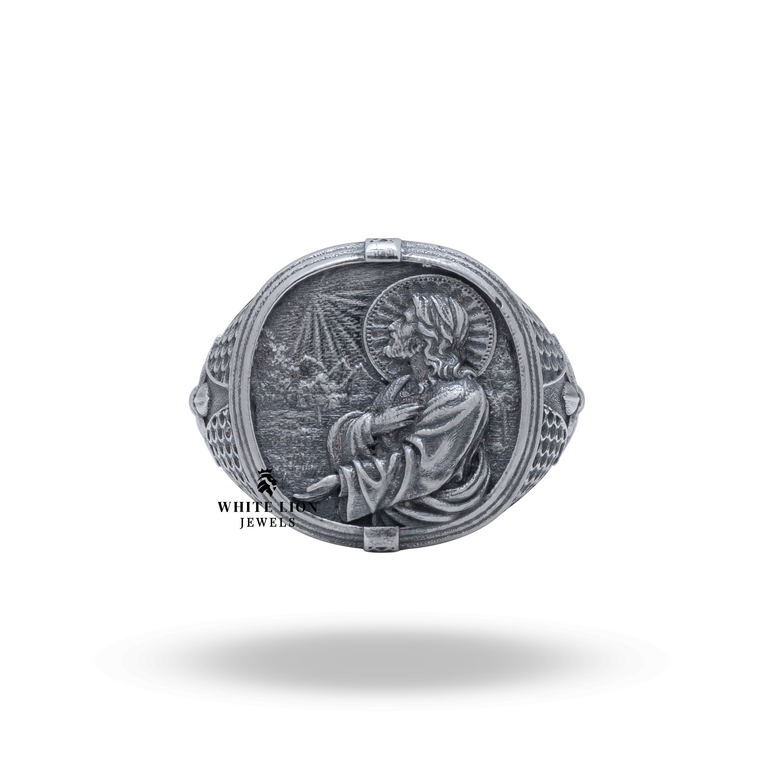 Side perspective of God Jesus Savior Ring showcasing the oxidized finish.