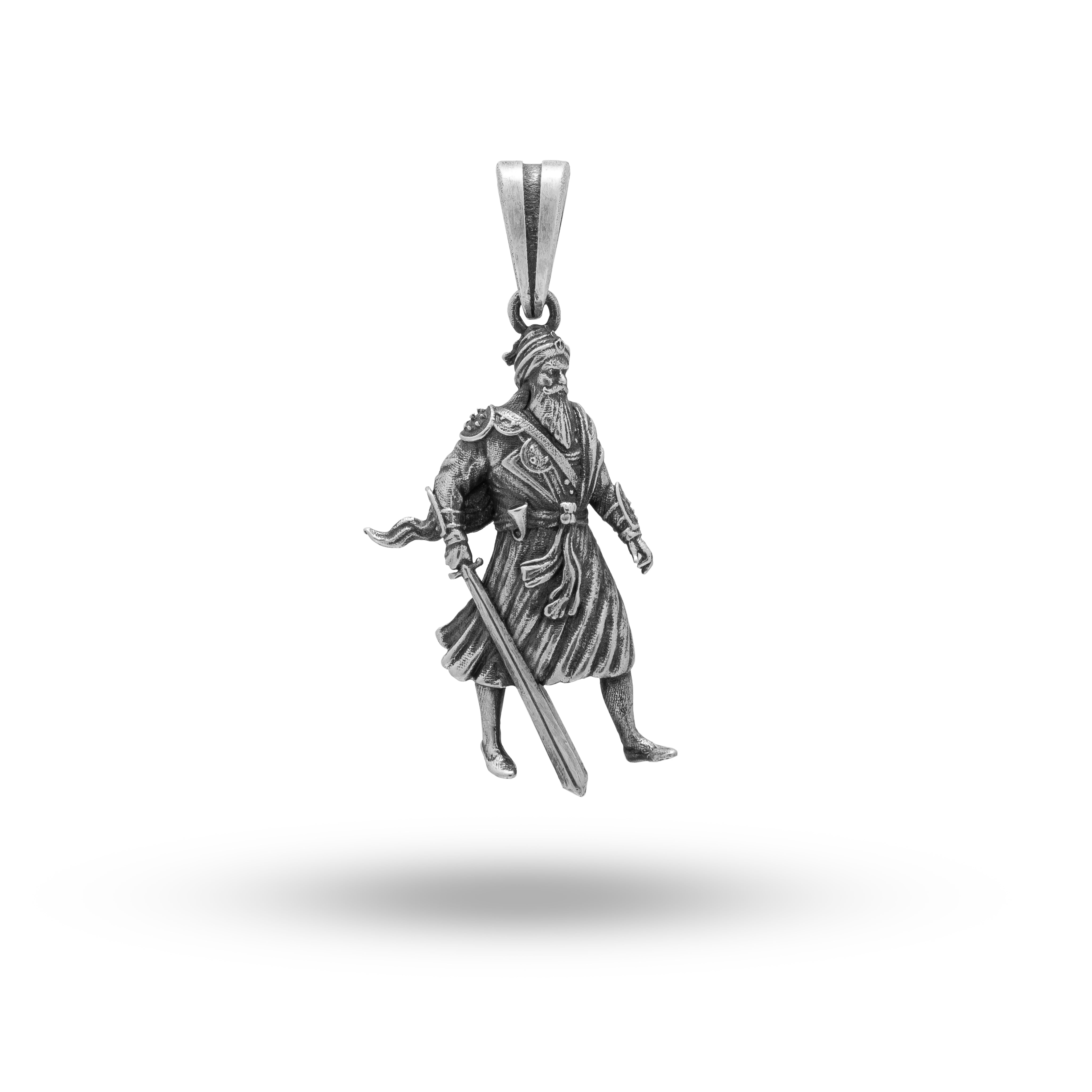 Front view of Sikh Baba Deep Singh Martyr Khalsa Military 925 Silver Pendant with oxidized finish.