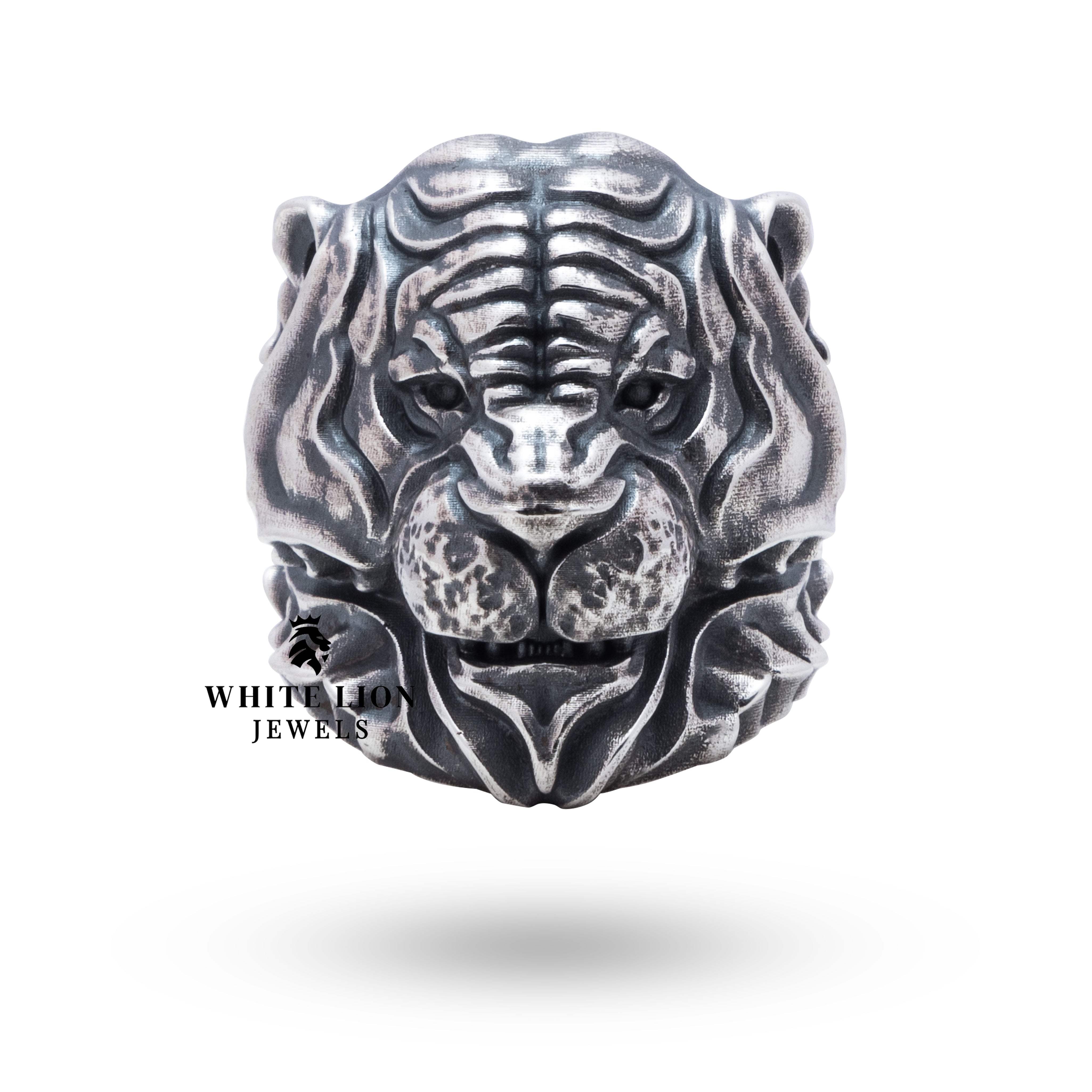 Top view of Classic Tiger 925 Sterling Silver Ring highlighting unique design.