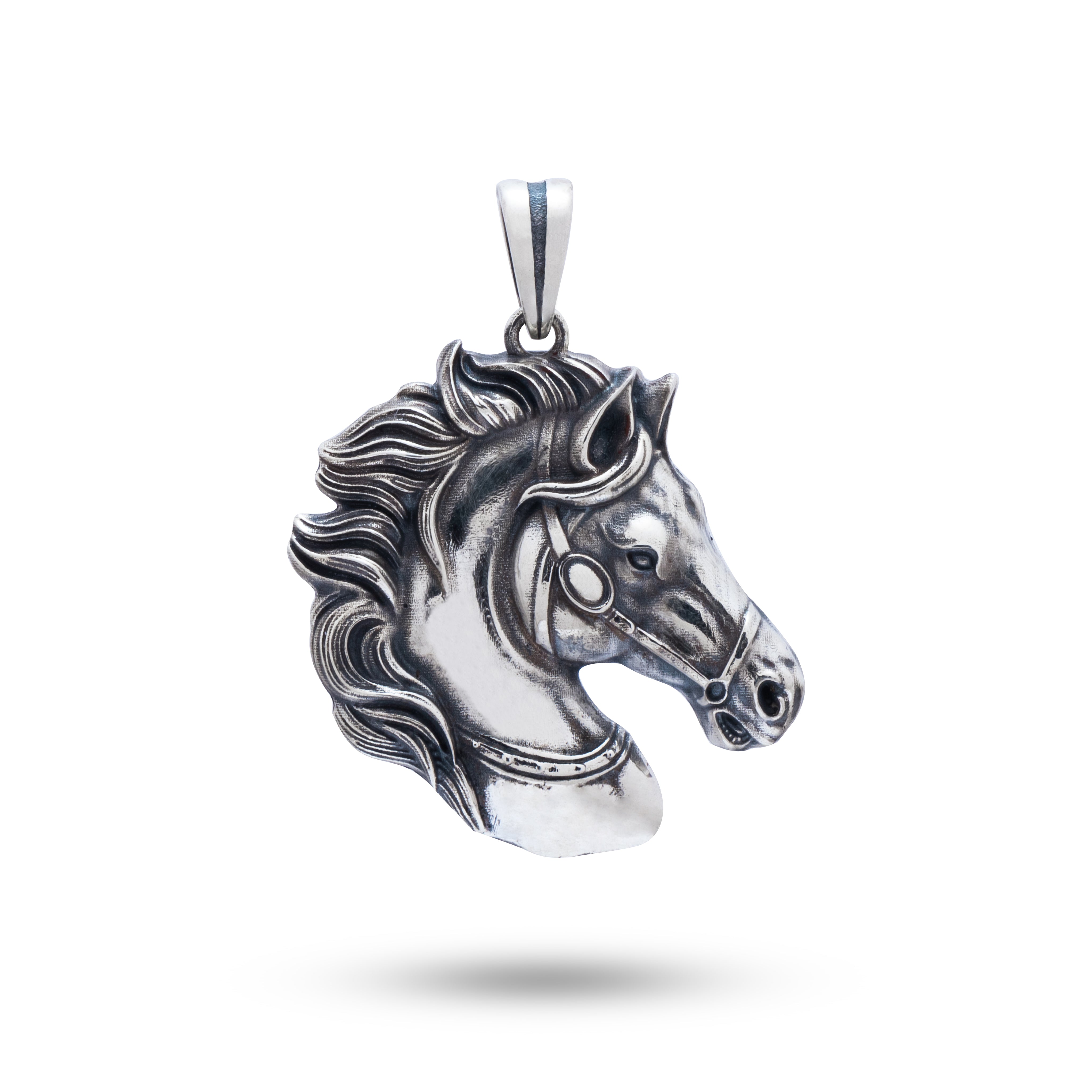 Horse 925 Sterling Silver Pendant from White Lion Jewels, front view, in elegant oxidized silver