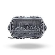 Side view of the Last Supper Jesus Christ 925 Sterling Silver Ring, showcasing its intricate design and oxidized finish.