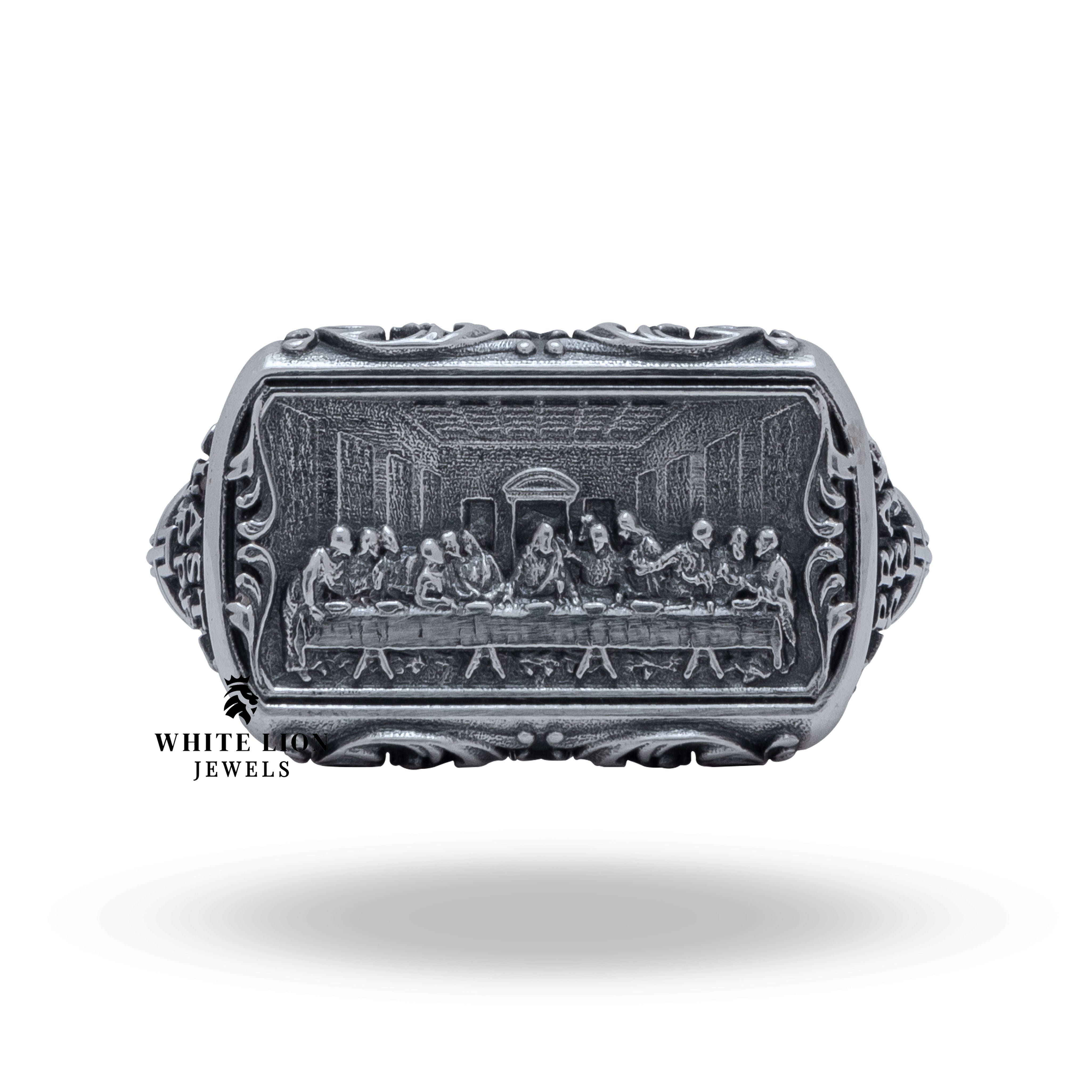 Side view of the Last Supper Jesus Christ 925 Sterling Silver Ring, showcasing its intricate design and oxidized finish.