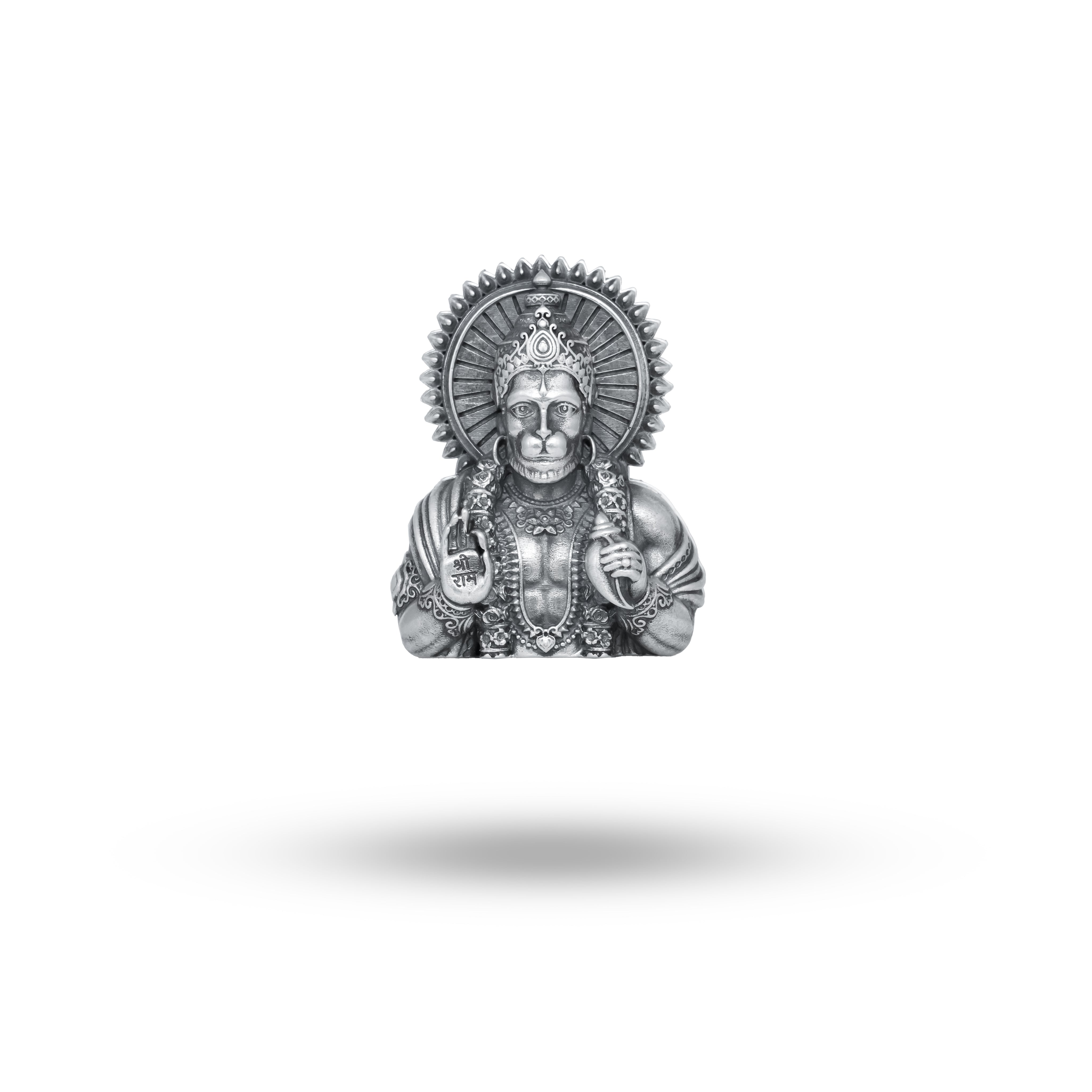Front view of the Blessing Hanuman Brooch made of 925 Sterling Silver, featuring detailed oxidation.