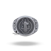 Elegant side view of 925 Sterling Silver Saint Benedict Ring with detailed artisanship and oxidized silver finish.