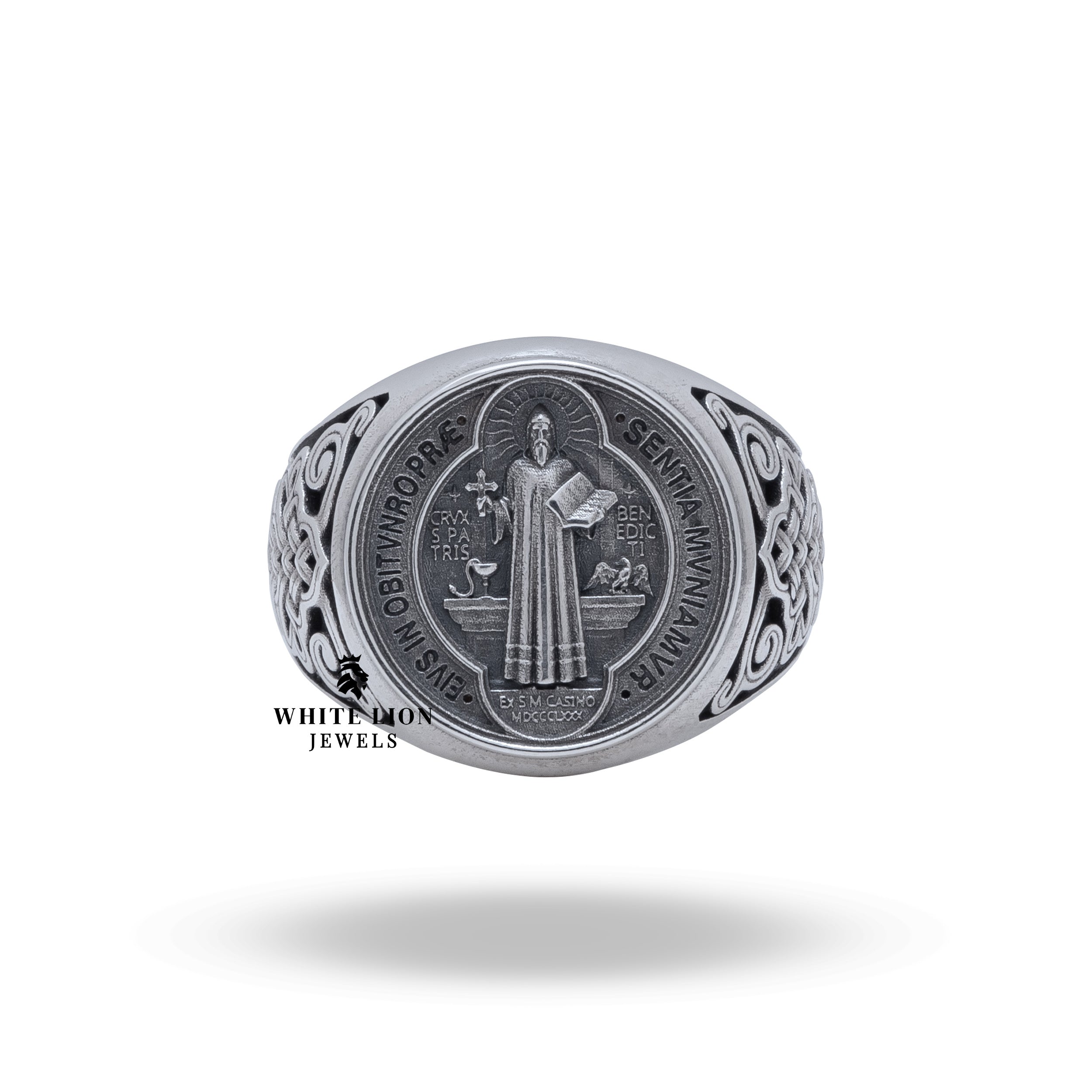 Elegant side view of 925 Sterling Silver Saint Benedict Ring with detailed artisanship and oxidized silver finish.