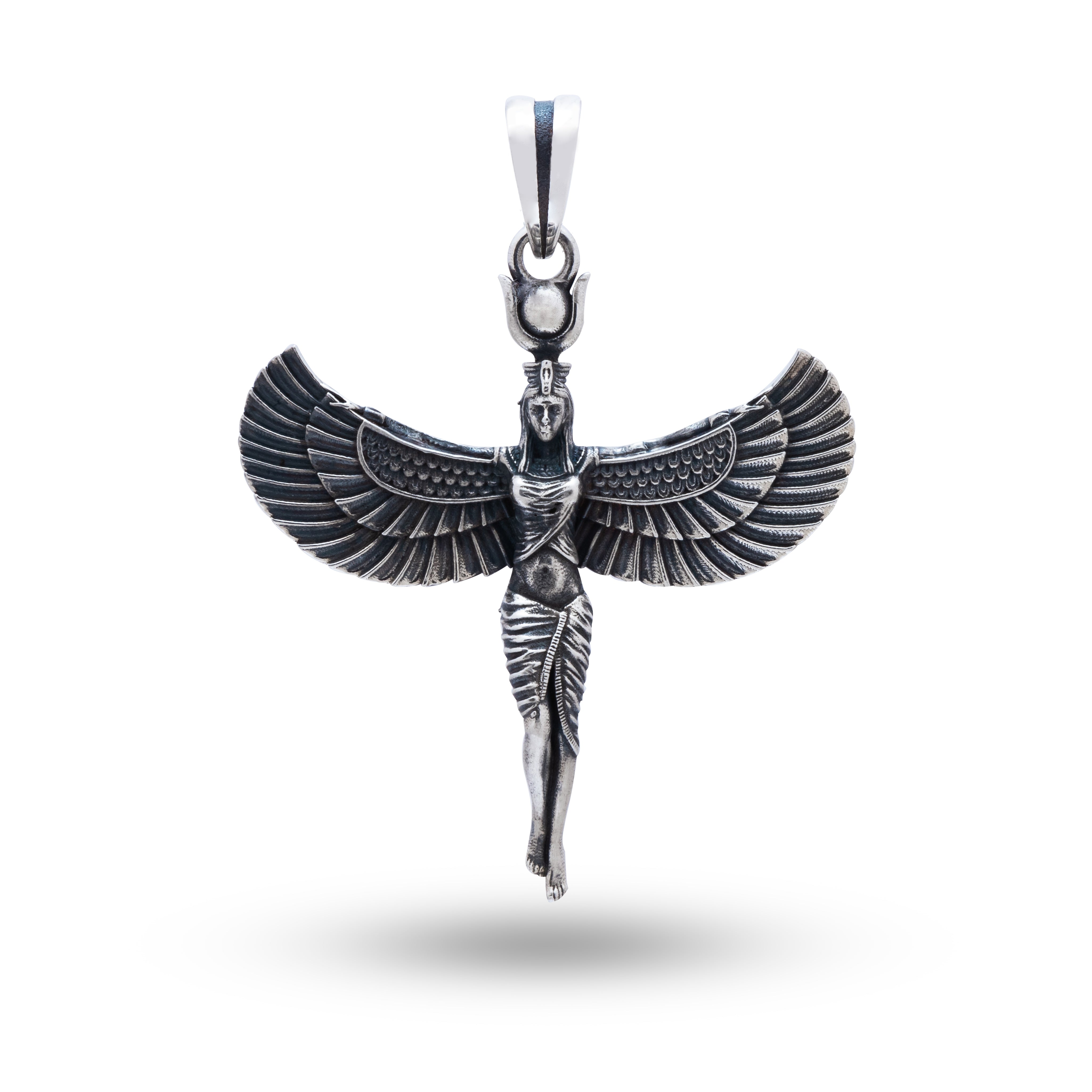 Front view of Isis Winged Egyptian 925 Sterling Silver Pendant, showcasing oxidized silver and intricate Egyptian design.