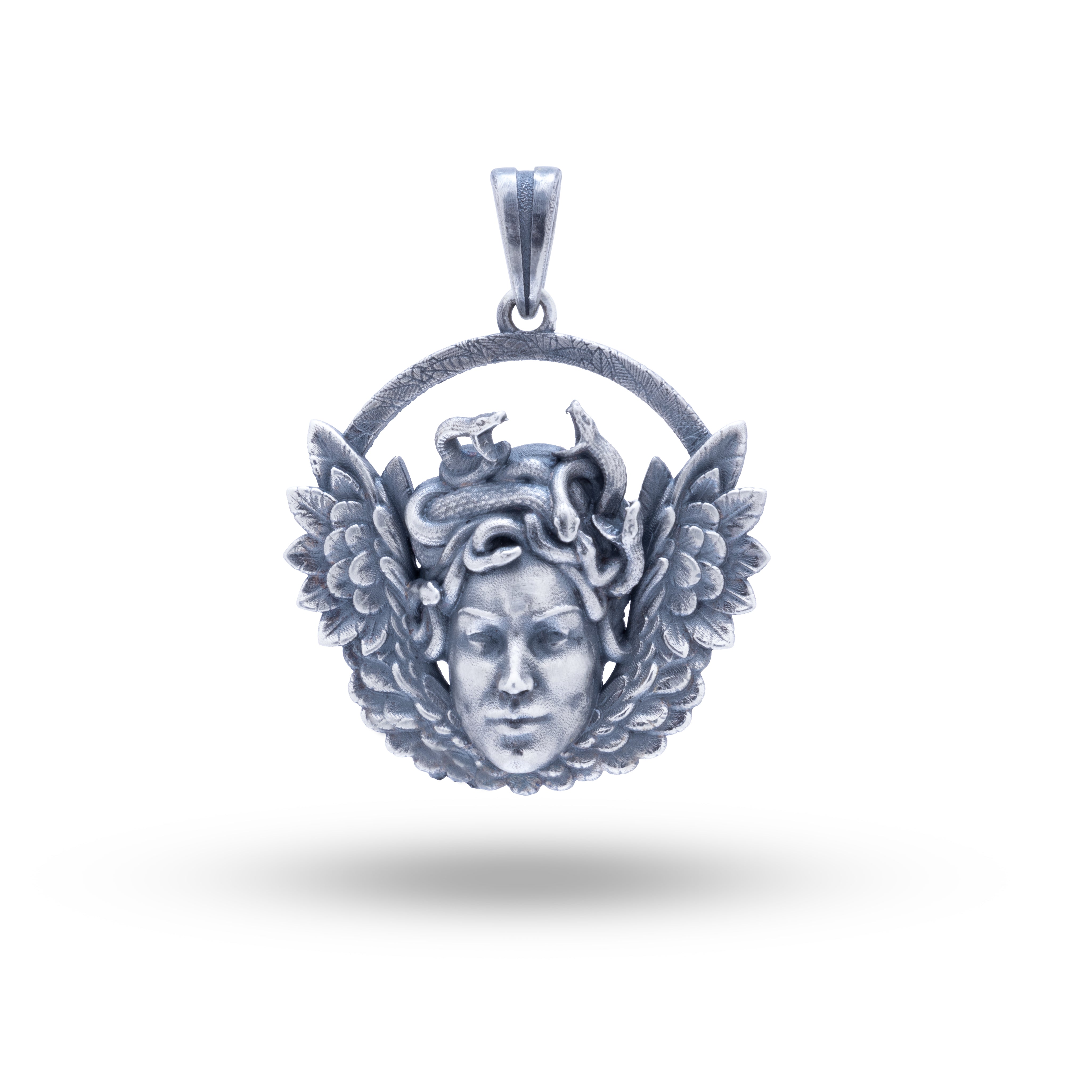 Front view of Medusa Wings 925 Sterling Silver Pendant with oxidized finish and intricate design