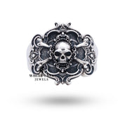 Side view of the Pirate Skull 925 Sterling Silver Ring, highlighting the intricate artisan design.